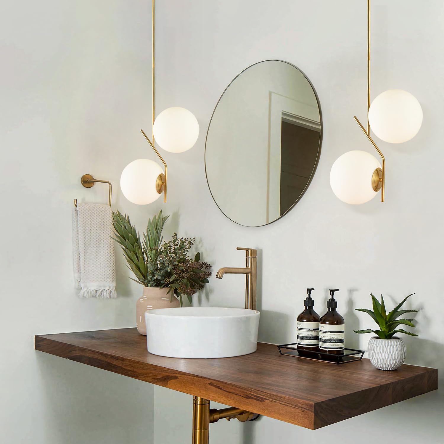 Mid Century Modern 2-Light Globe Pendant Light - Brushed Gold Minimalist Hanging Lamp with White Glass Shade for Kitchen Island, Dining Room & Living Room Ceiling Lighting (Small Size)