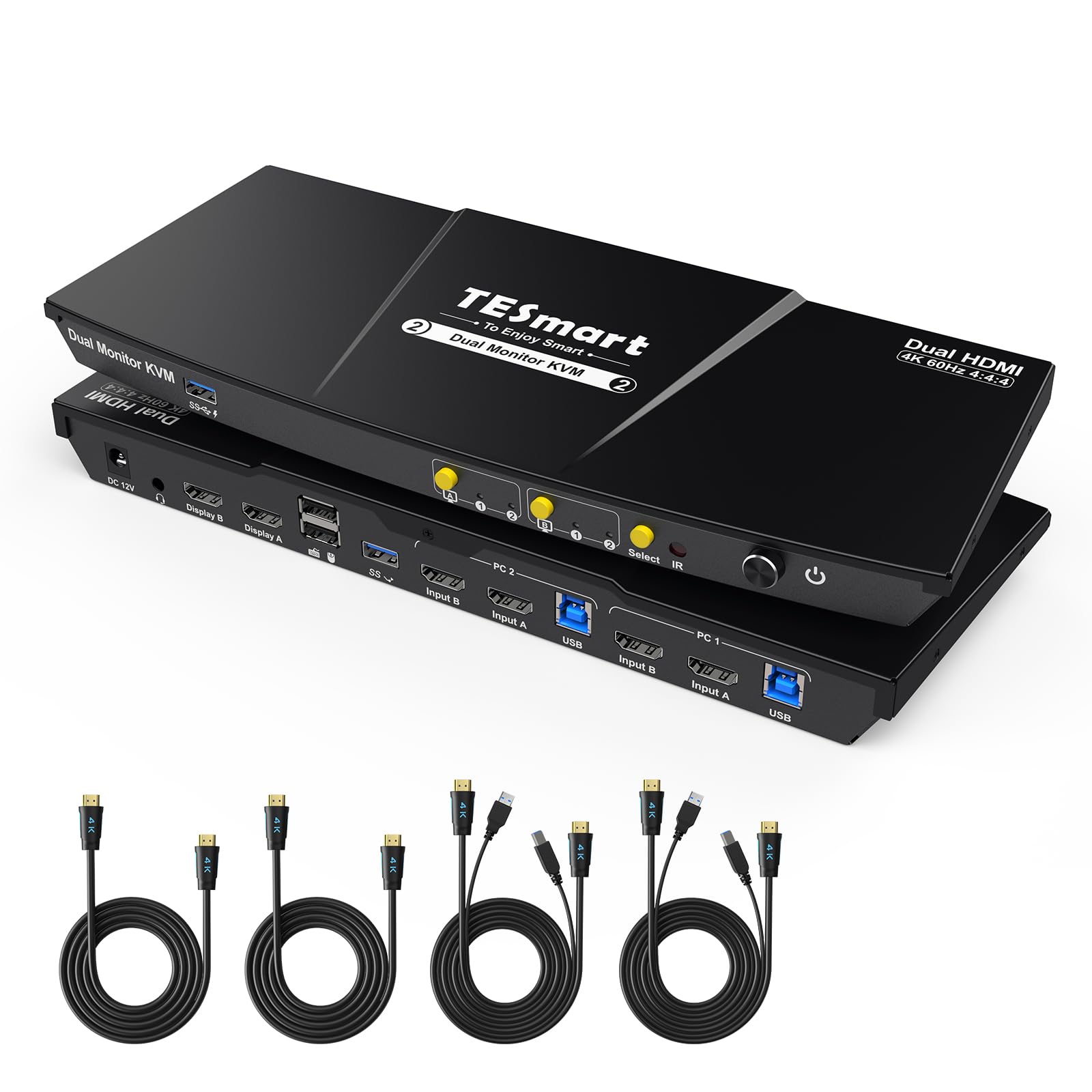 TESmart USB 3.0 HDMI KVM Switch for 2 Monitors & 2 Computers - 4K@60Hz Dual Monitor KVM with Audio, Mic, EDID Emulator - Hotkey & Button Switching for Home Office & Gaming Setup