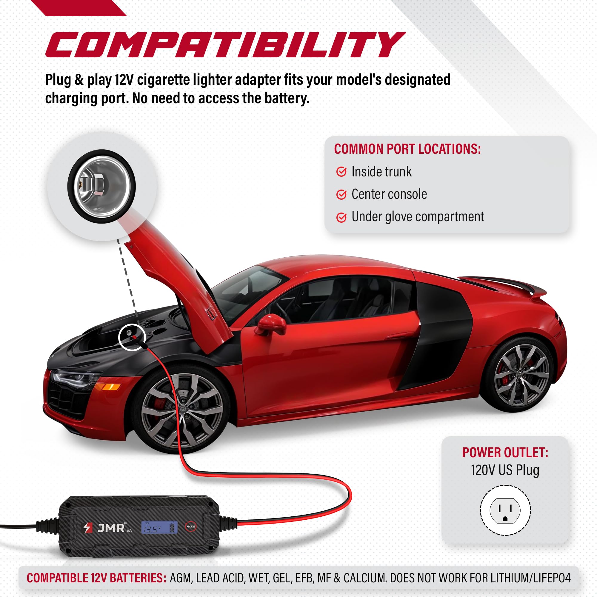 JMR Battery Charger for Audi R8 S8 RS TT Q7 SQ8 A5 - 12V Smart Trickle Charger & Maintainer for All Models - Perfect for Winter Storage & Long-Term Vehicle Maintenance (No Lithium Mode)