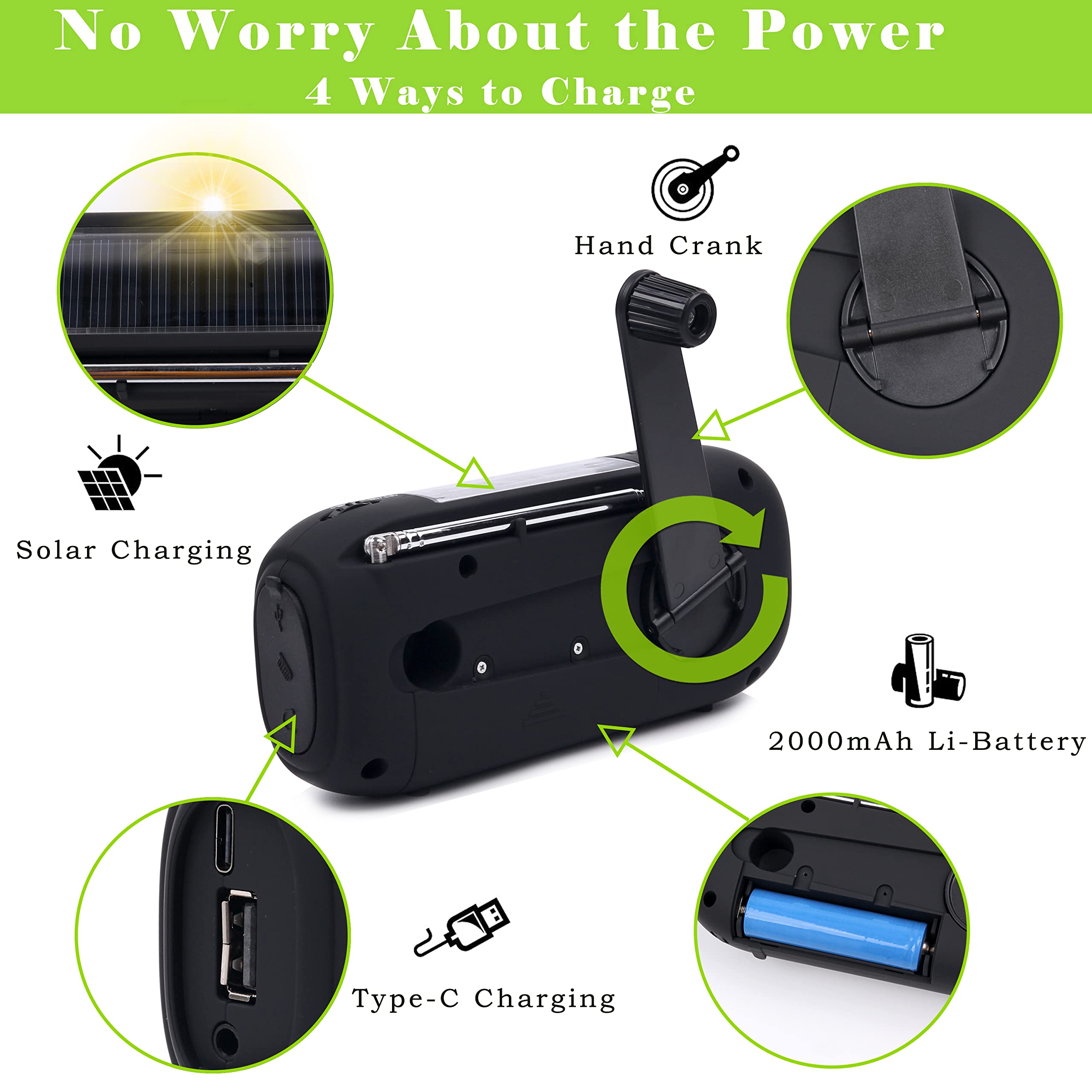 Solar & Hand Crank Emergency Radio - AM/FM/NOAA Weather Radio with 2000mAh Power Bank, LED Flashlight, SOS Alarm, USB Charging & Headphone Jack | Portable Survival Radio for Camping, Hiking, Power Outages & Emergency Preparedness