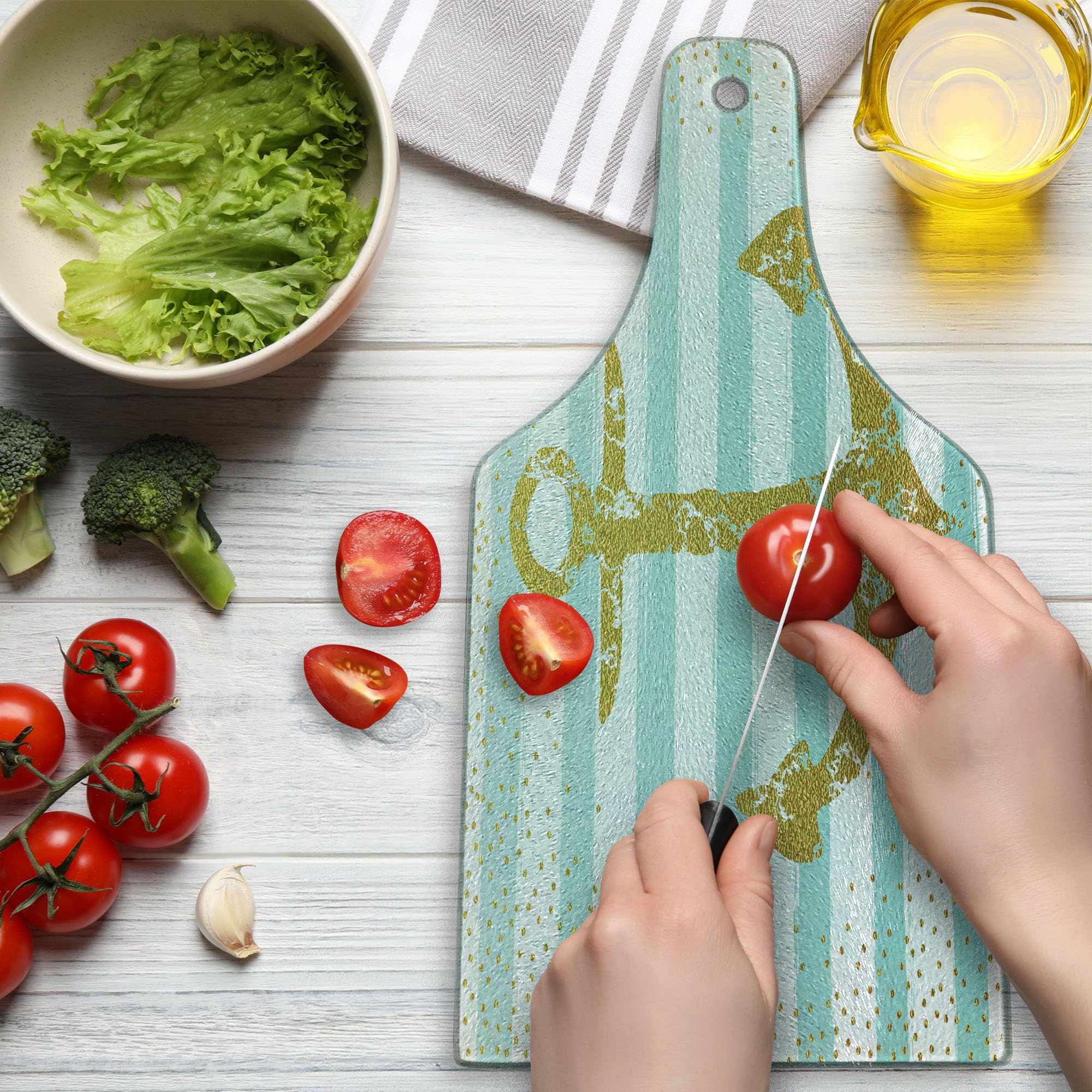 Ambesonne Anchor Tempered Glass Cutting Board - Nordic Marine Golden Yellow Anchor Striped Design, Decorative Serving Board for Cheese, Charcuterie & Wine - Wine Bottle Shape in Pale Blue & White - Perfect for Kitchen, Dining & Gift Giving