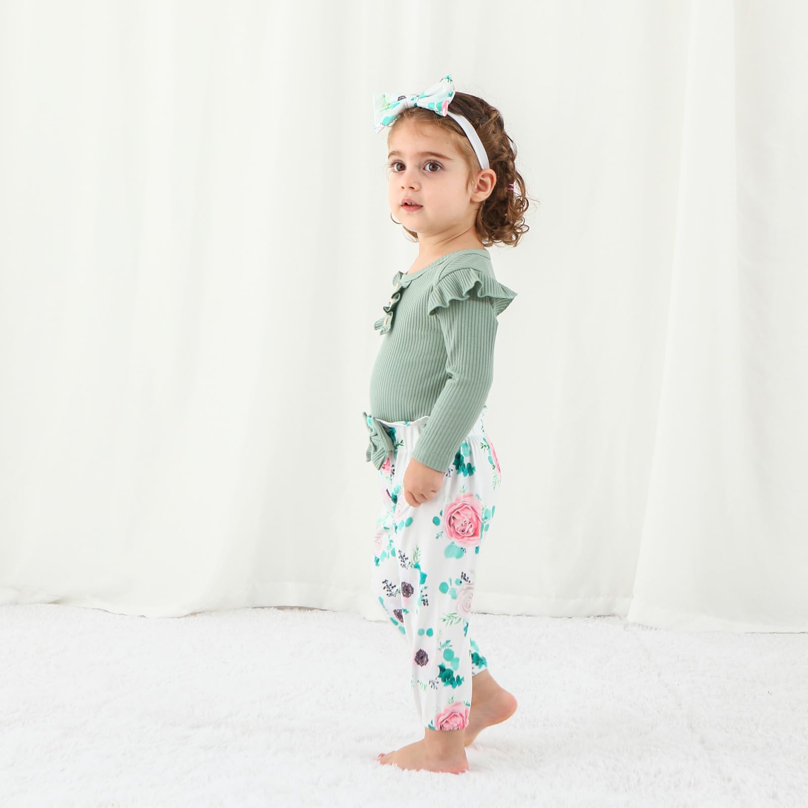 Adorable Baby Girl Outfit Set - Long Sleeve Ruffle Romper & Floral Pants for Newborn to 18 Months | Perfect for Photoshoots, Birthday Parties & Special Occasions