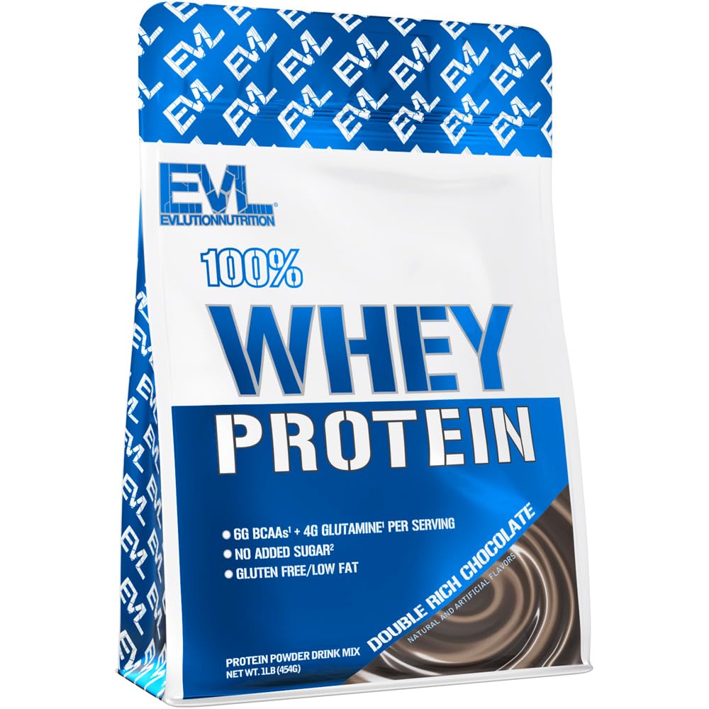 EVLUTION NUTRITION 100% Whey Protein Powder - 25g Protein, 6g BCAAs, 4g Glutamine - Gluten Free Muscle Recovery Supplement (1 LB, Double Rich Chocolate) for Post-Workout & Fitness Enthusiasts
