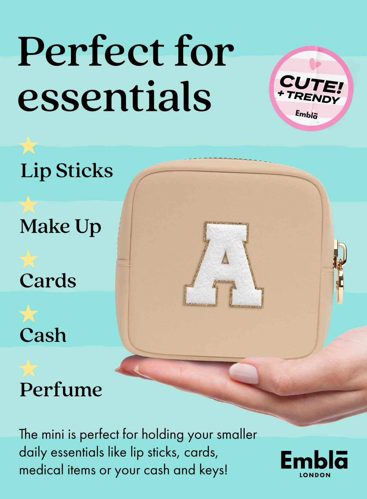 Embla Preppy Makeup Bag Travel Cosmetic Pouch - Personalized Initial Letter S - Cute Waterproof Makeup Case for Girls - Cosmetic Organizer & Travel Skincare Bag - Perfect for Daily Use, Travel, and Gifts