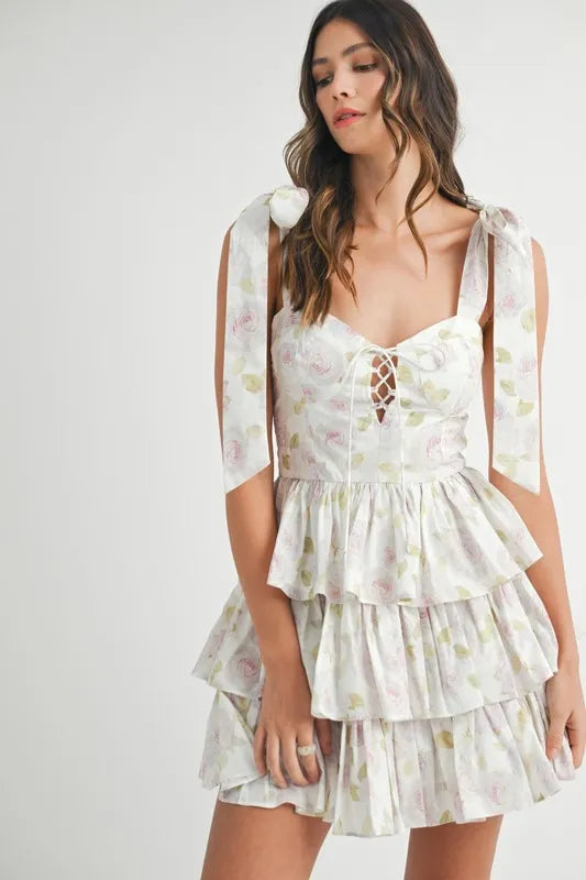 Floral Print Shoulder Tie Layered Mini Dress for Women - Summer Beach Party, Date Night & Vacation Outfit