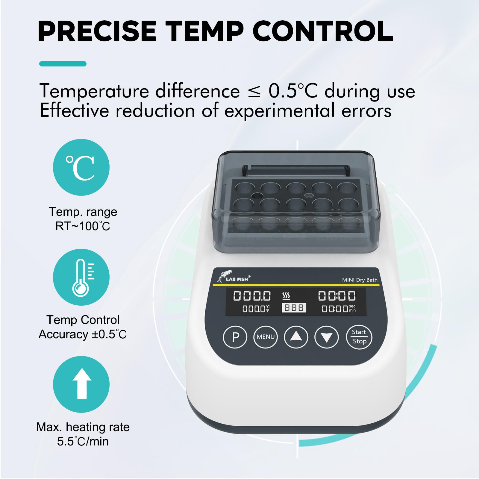 LAB FISH Mini Digital Dry Bath Incubator - Programmable Thermostatic Heater with Timer | 2ml x 15 Centrifuge Tubes Block for PCR, DNA, RNA Sample Preparation - Ideal for Laboratory, Research & Clinical Diagnostics