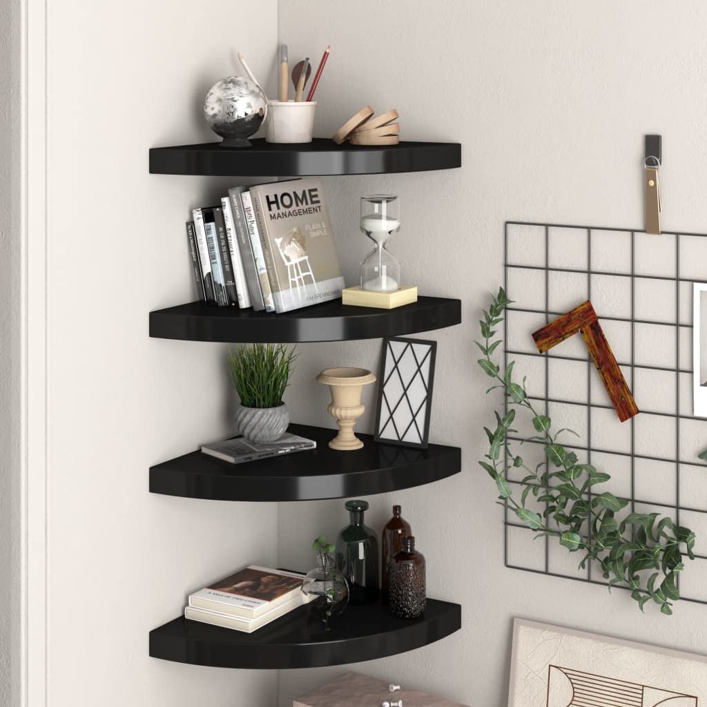 Modern Floating Corner Shelves Set of 4 - Black MDF Wall Mounted Storage for Living Room, Bedroom, Bathroom & Porch - 13.8