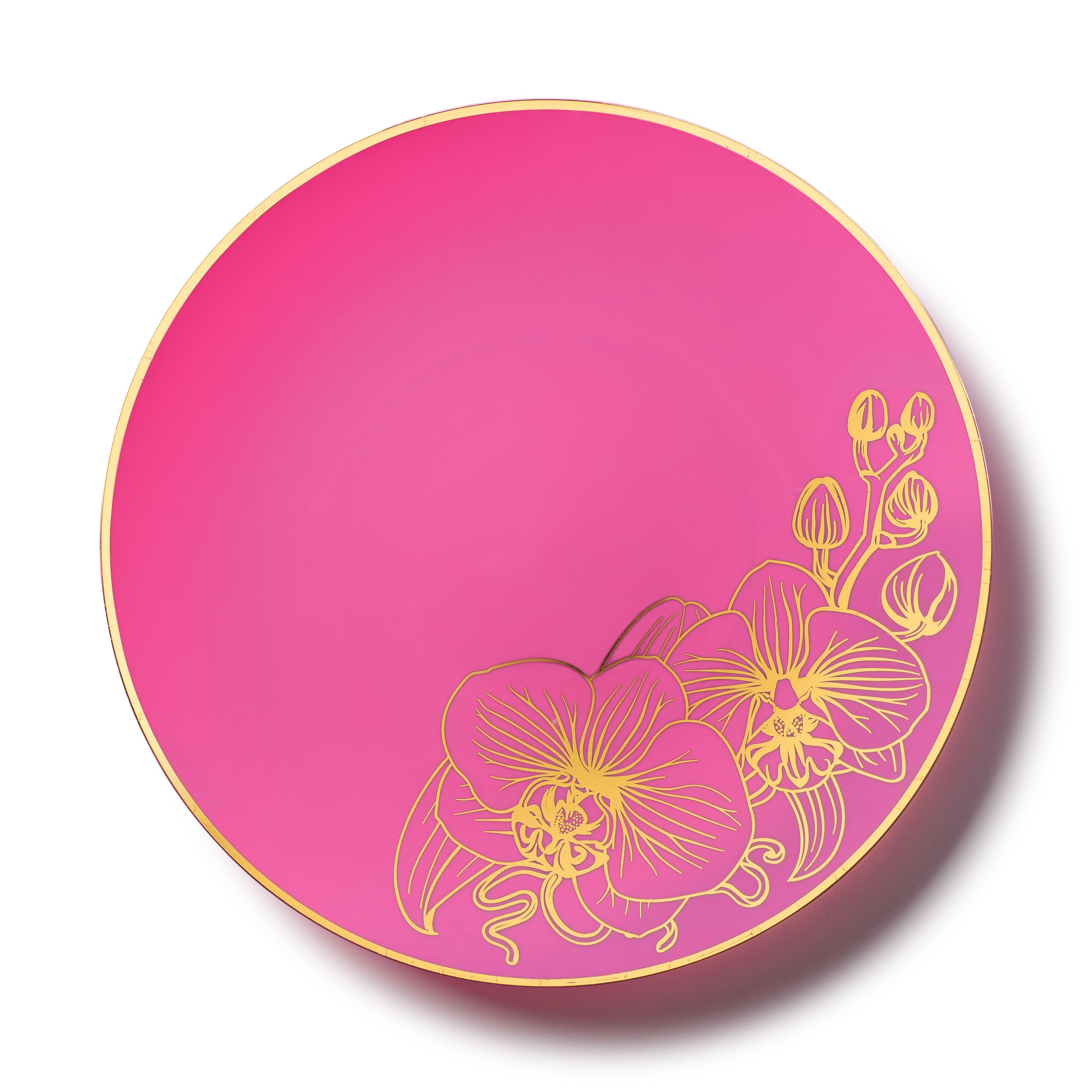 Fuchsia and Gold Round Plastic Plates for Parties, Weddings & Events - Elegant Disposable Dinnerware for Orchid Themed Celebrations