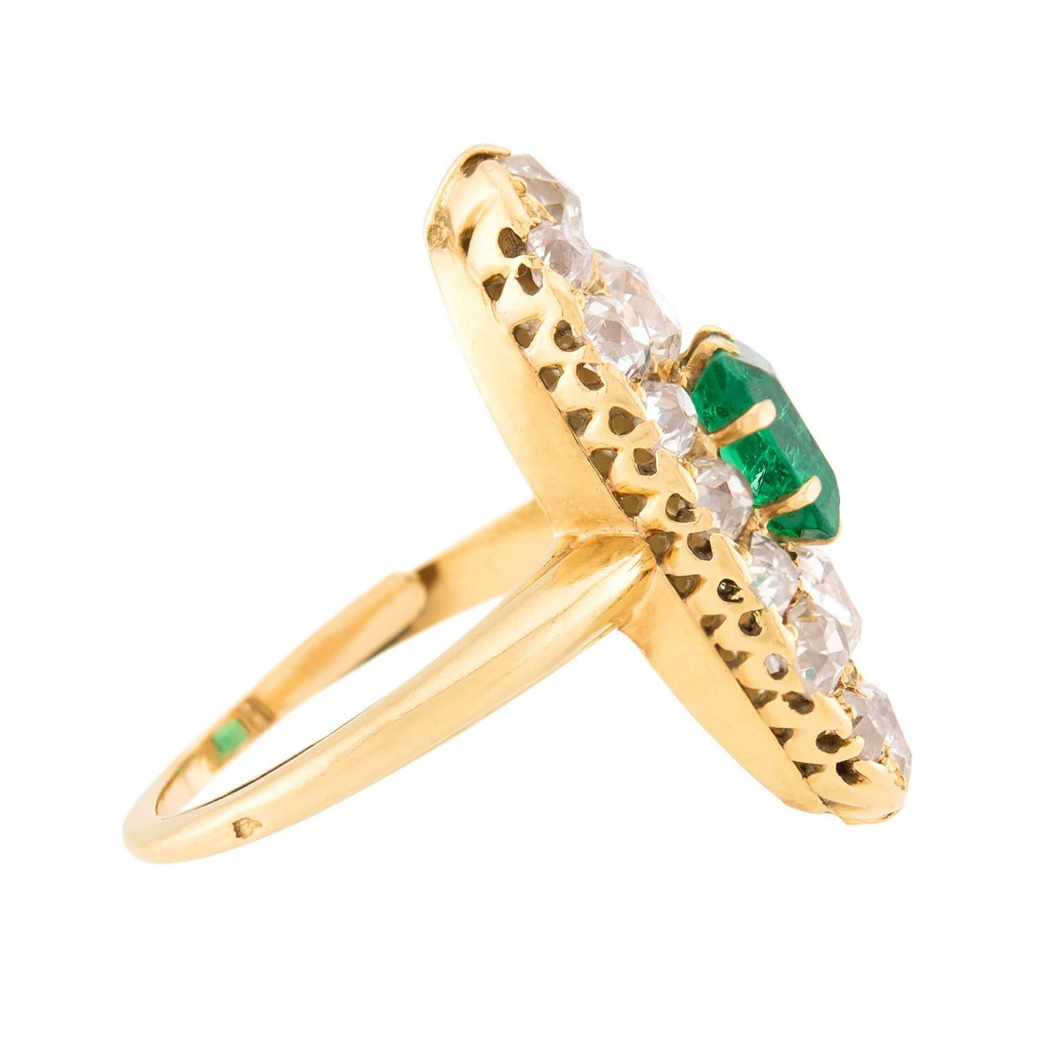 18k Gold Victorian French Emerald and Diamond Navette Ring – Elegant Vintage Jewelry for Weddings, Anniversaries & Special Occasions