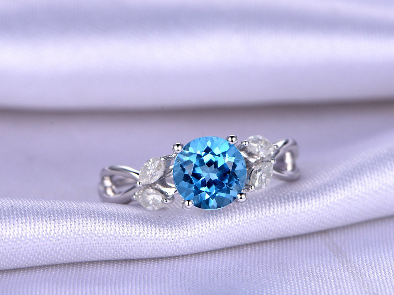 1.75 Carat Round Cut Blue Topaz Engagement Ring in 14K White Gold - Elegant Wedding, Proposal & Anniversary Jewelry Gift for Her