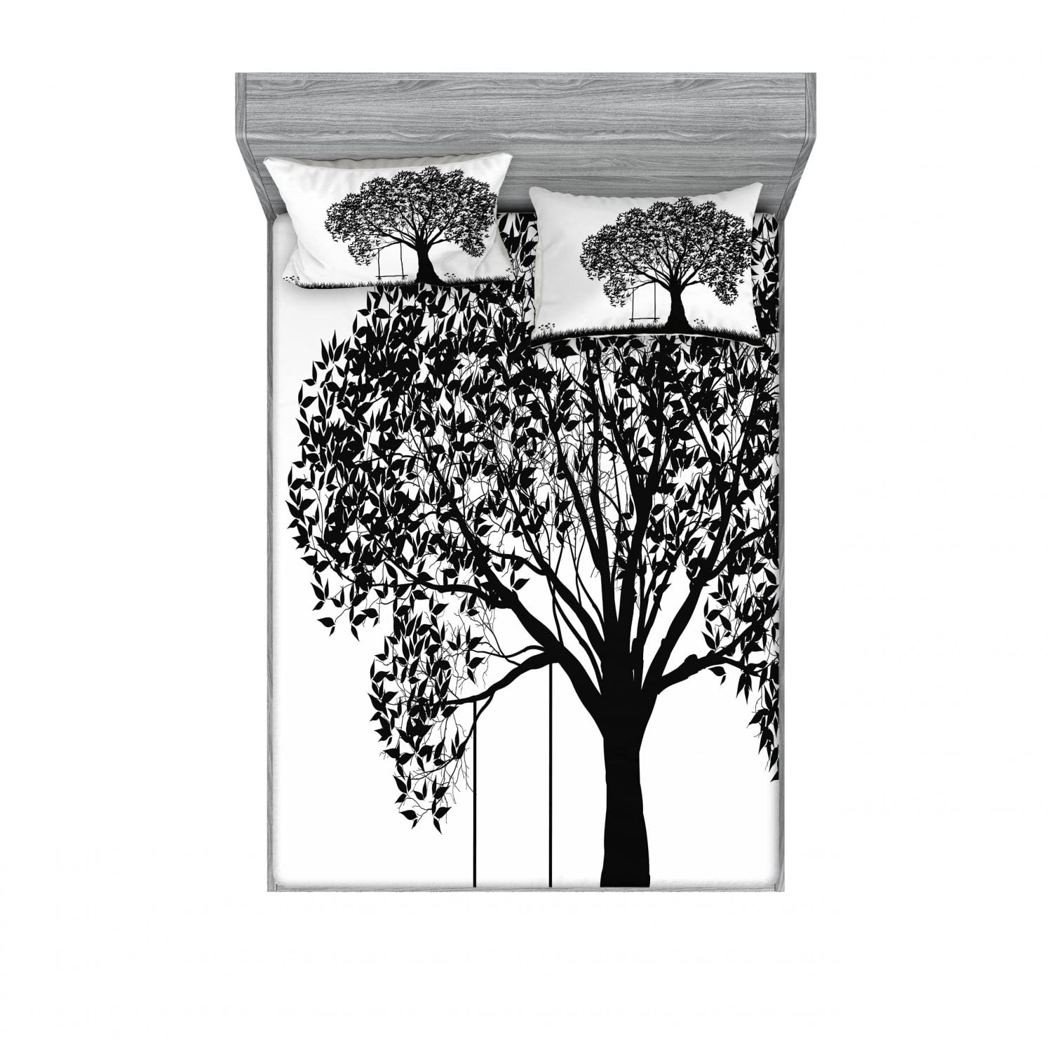 Ambesonne 2-Piece King Size Fitted Sheet Set with 4 Pillow Shams - Floral Garden Black & White Bedding Collection | Soft Wrinkle-Resistant Sheets for Master Bedroom, Guest Room & Vacation Homes