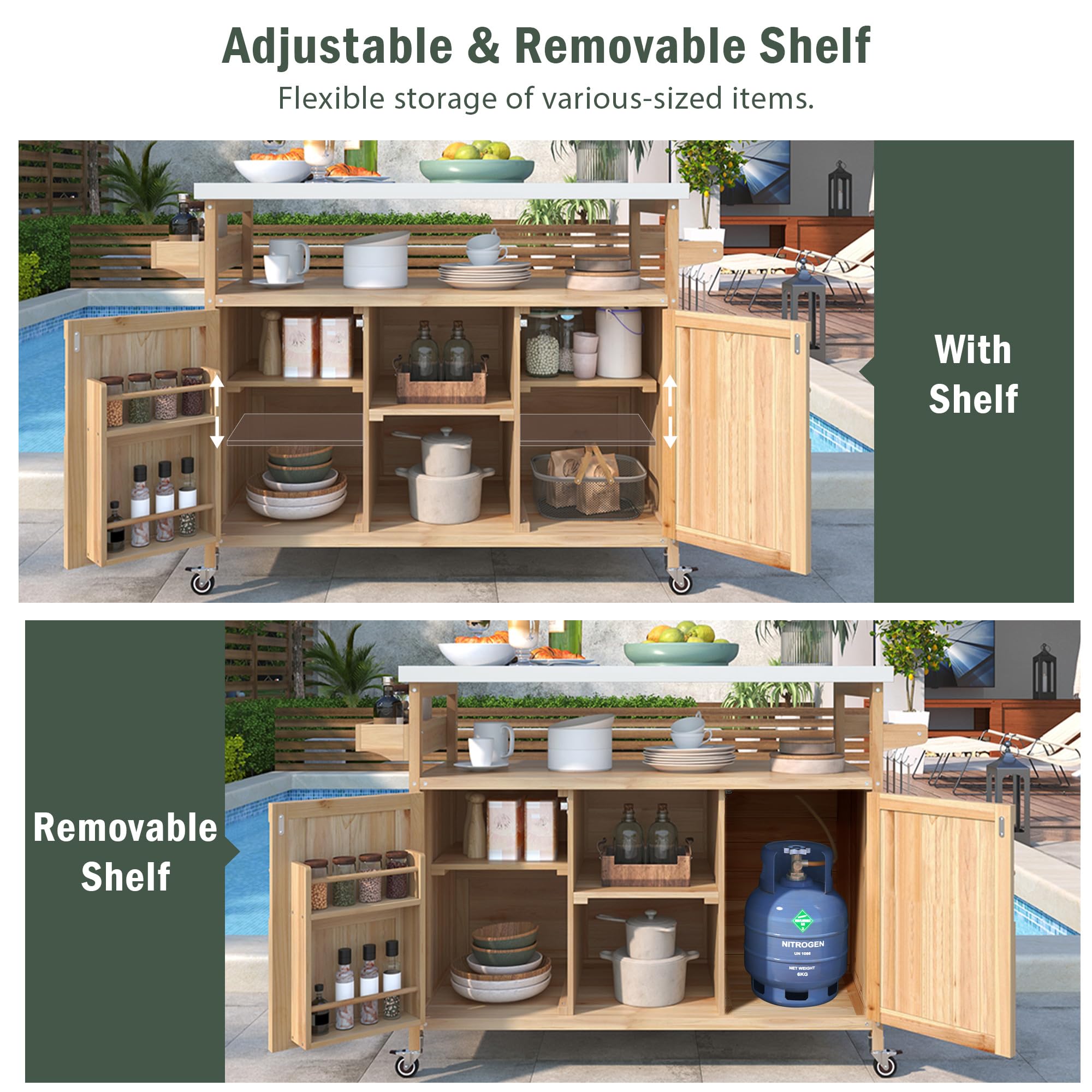 Premium Outdoor Kitchen Island with Wheels - Farmhouse Style Solid Wood BBQ Grill Cart with Stainless Steel Top, Storage Cabinet, Spice Rack & Towel Hooks - Perfect for Backyard Cooking, Patio Entertaining & Outdoor Dining (Natural Wood Finish)