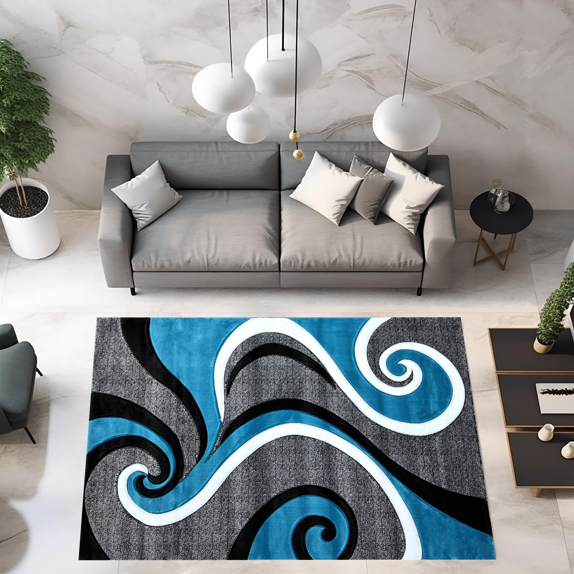 6x9 Abstract Modern Contemporary Area Rug - Premium Thick Colorful Carpet for Living Room, Bedroom & Office - 327 Turquoise Blue - Soft & Durable Home Decor