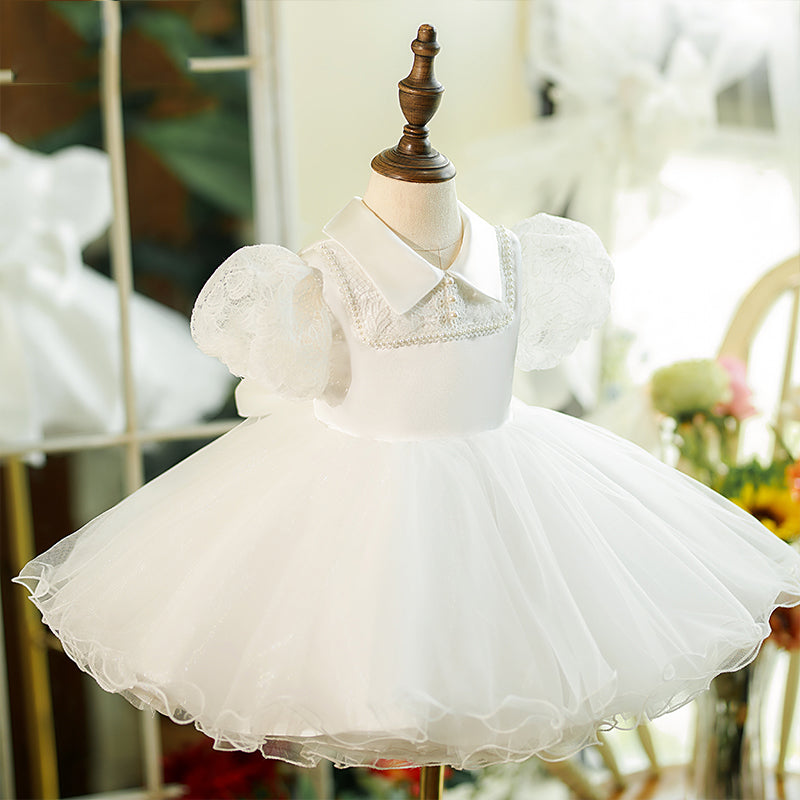 Baby Girl Christening Dress with Puff Sleeves & Beaded Details - Fluffy Toddler Dress for Baptism, First Communion & Special Occasions