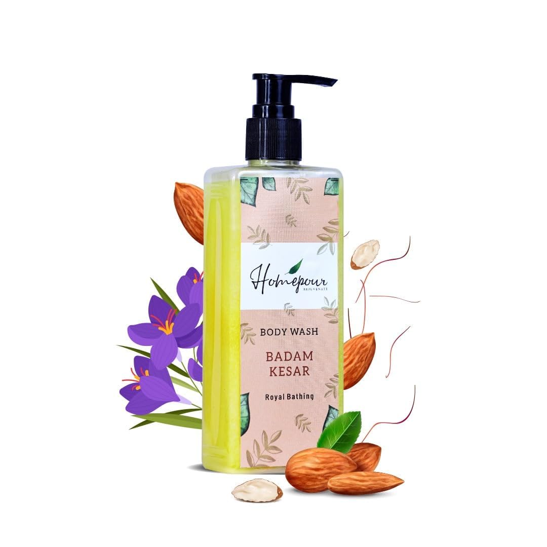 Badam Kesar Body Wash - 250ml Handmade Almond Saffron Shower Gel for Royal Bathing Experience | Moisturizing & Luxurious Skincare for Dry Skin | Perfect for Daily Use & Gift Sets