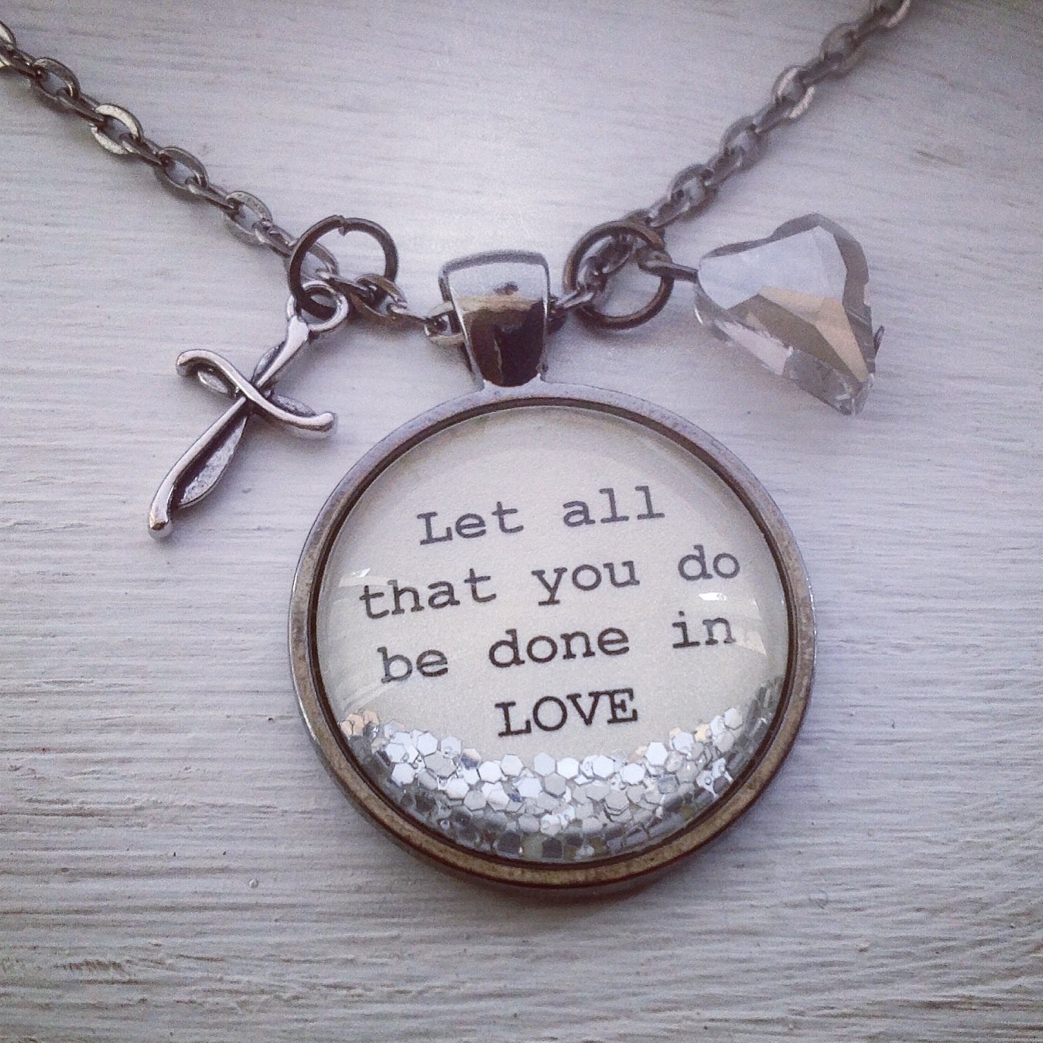 1 Inch Personalized Love Necklace - Round Sparkle Pendant Charm with Cross | Engraved 