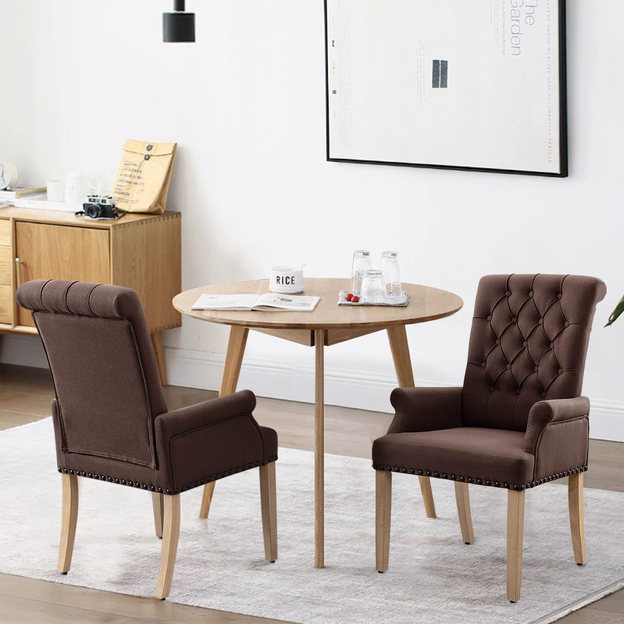 Luxury Fabric Dining Chairs - Tufted Upholstered Armrest Accent Chairs with Nailhead Trim & Solid Wood Legs for Home, Kitchen, Living Room (Brown) - Perfect for Dining Sets, Breakfast Nooks & Lounge Areas