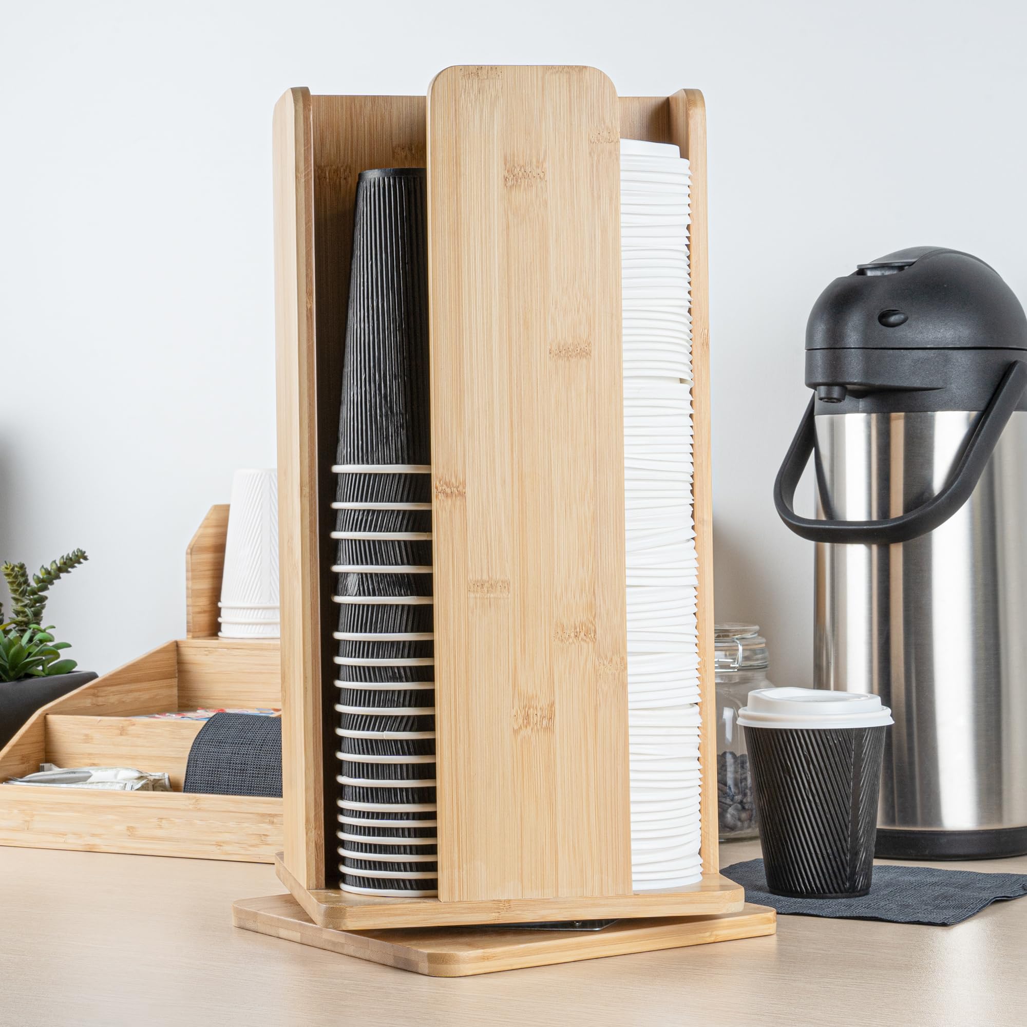 Restaurantware Restpresso 9 x 18 Inch Coffee Cup and Lid Organizer - 4-Section Revolving Bamboo Cup Holder for Restaurants, Homes & Offices | Space-Saving Countertop Solution for Coffee Shops, Break Rooms & Cafés