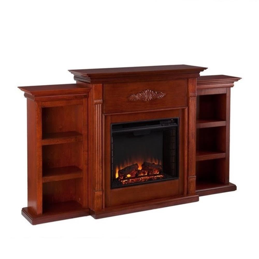 SEI Tennyson Electric Fireplace Bookcase with Built-in Shelves - Mahogany Finish - Perfect for Living Room, Bedroom, or Office Decor