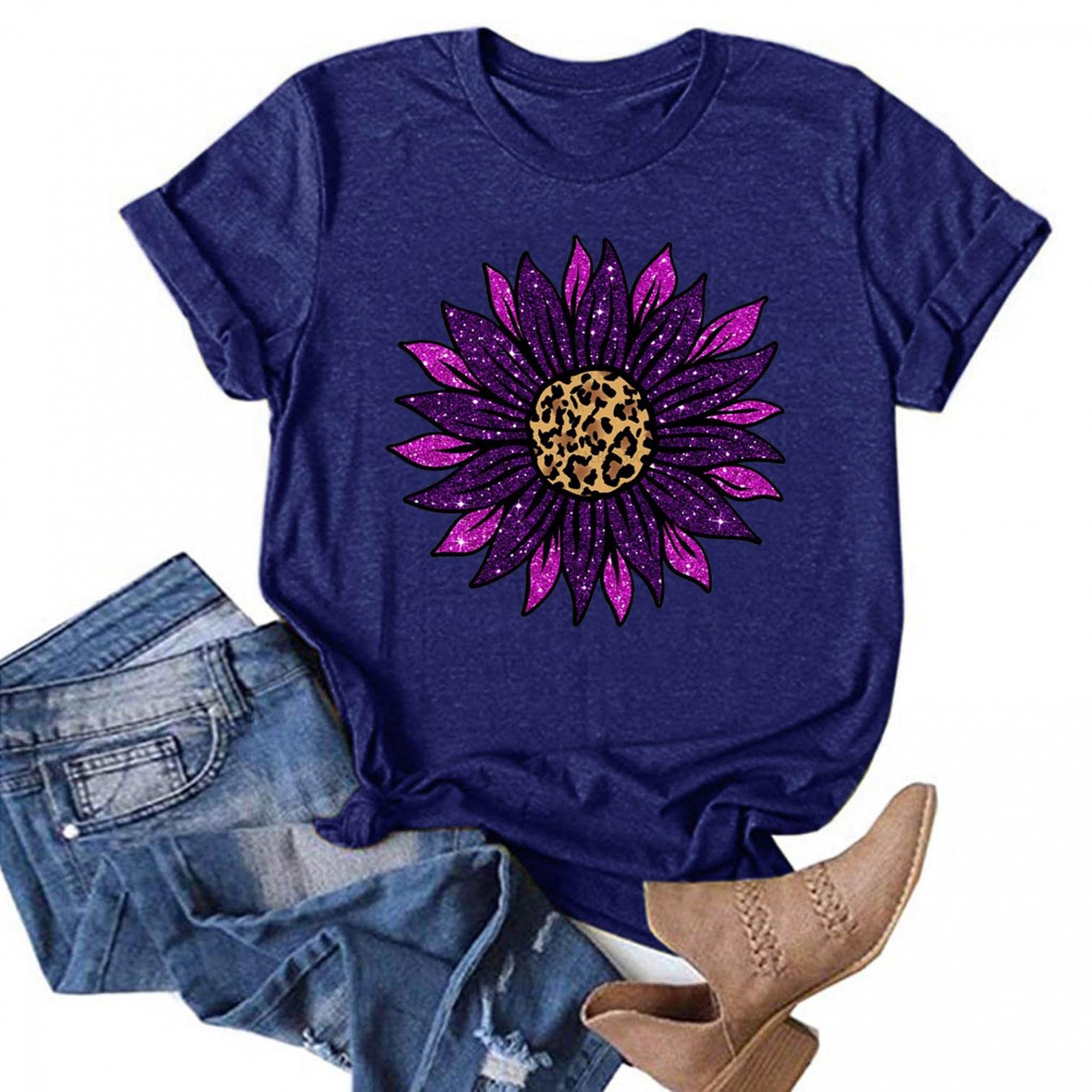 Women's Graphic T-Shirts - Sunflower Print Casual Summer Tops | Holiday Tee Shirts for Women | Perfect for Beach Outings, Music Festivals & Summer Vacations