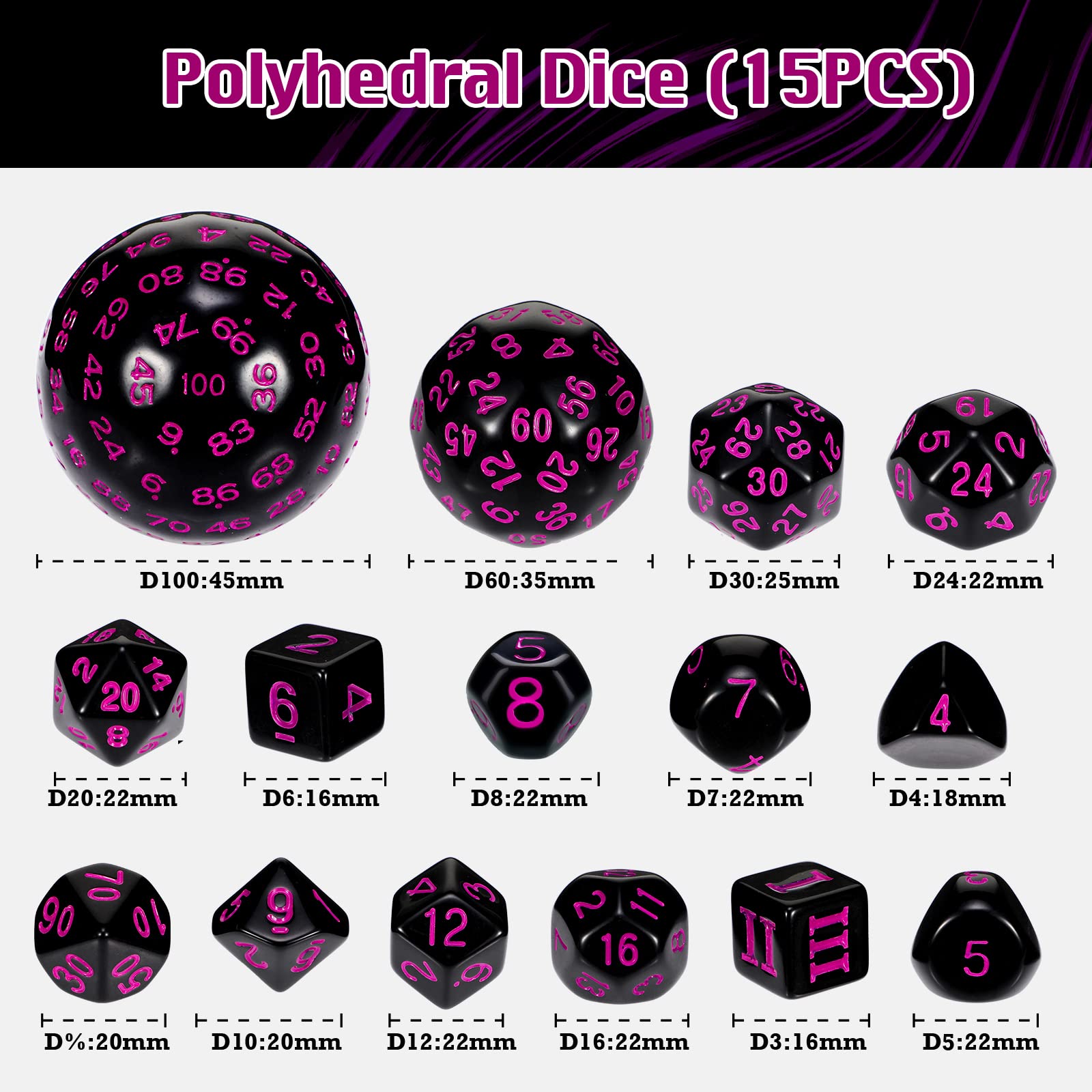 15-Piece Complete Polyhedral Dice Set D3-D100 | Opaque Black & Purple RPG Dice for Dungeons & Dragons, Pathfinder | Perfect for Tabletop Role-Playing Games, Board Game Nights & Party Supplies