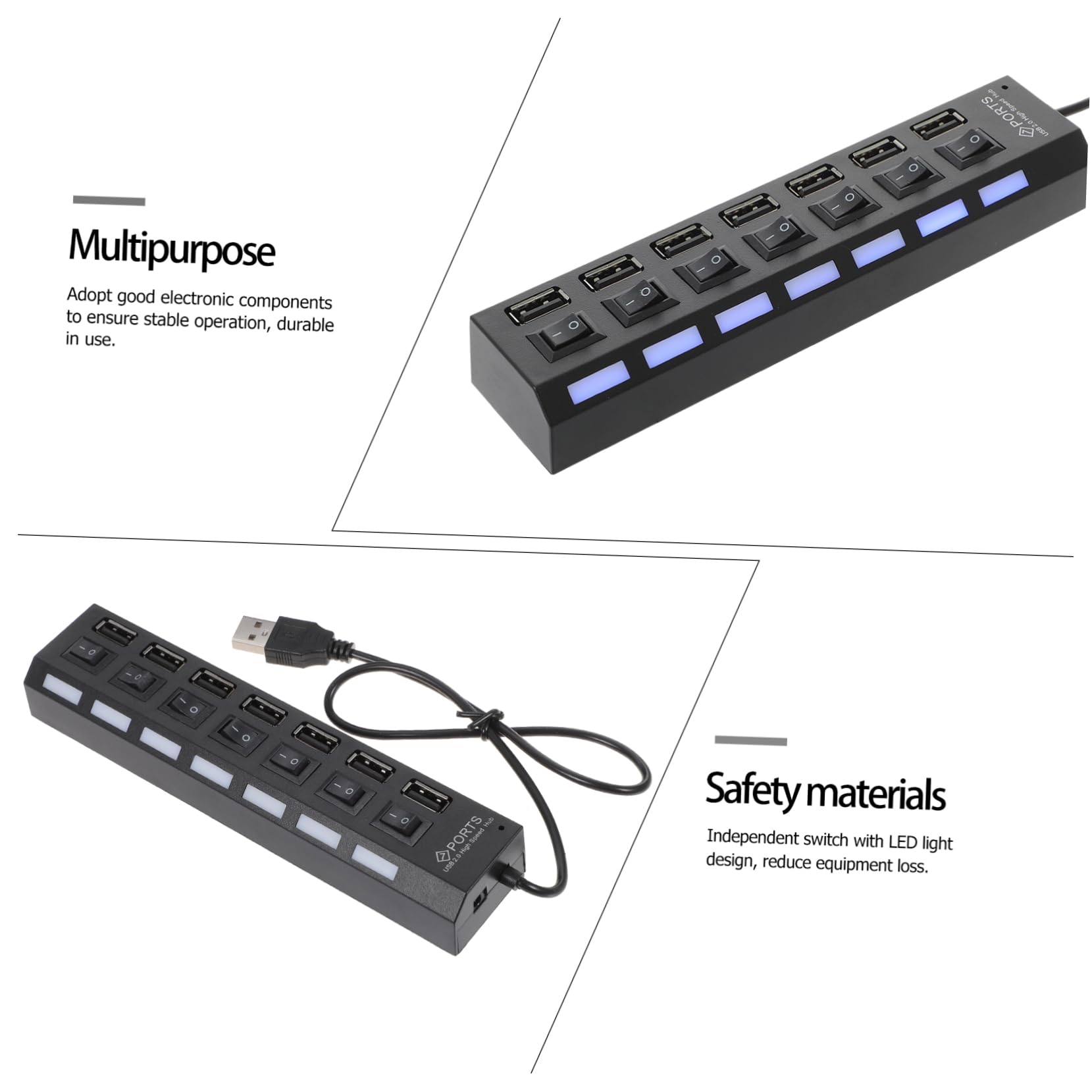 UKCOCO 3-Port USB Hub with 7-Line Extension - High-Speed USB 2.0 Data Hub for Laptop, PC, MacBook - Expand USB Ports for Keyboard, Mouse, Flash Drive, Printer - Compact ABS Design for Home & Office Use