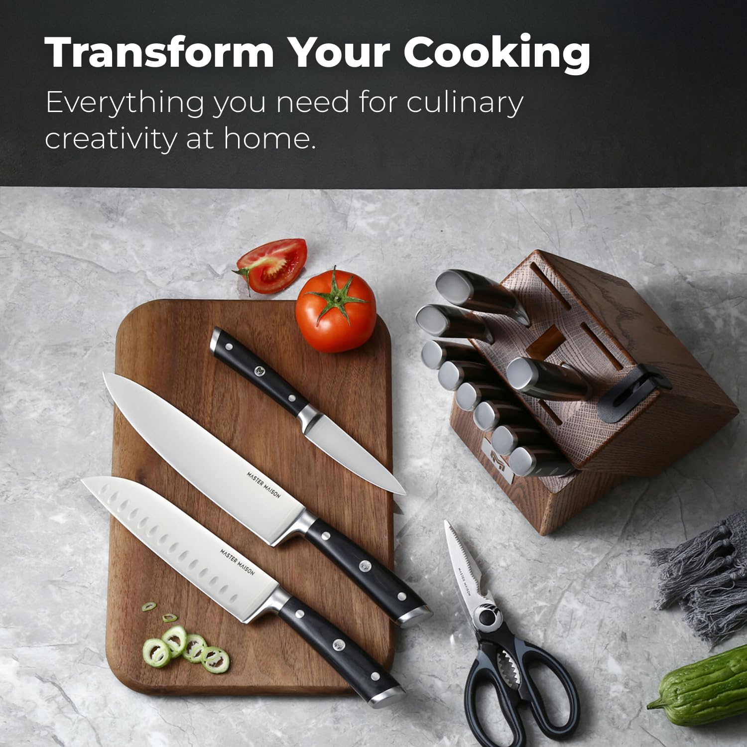 Master Maison 15-Piece Professional Kitchen Knife Set - Stainless Steel Knives with Wood Block, Sharpener & Blade Guards - Black Wood Handle, Full Tang & Ergonomic Design - Perfect for Home Chefs, Cooking Enthusiasts & Restaurant Use