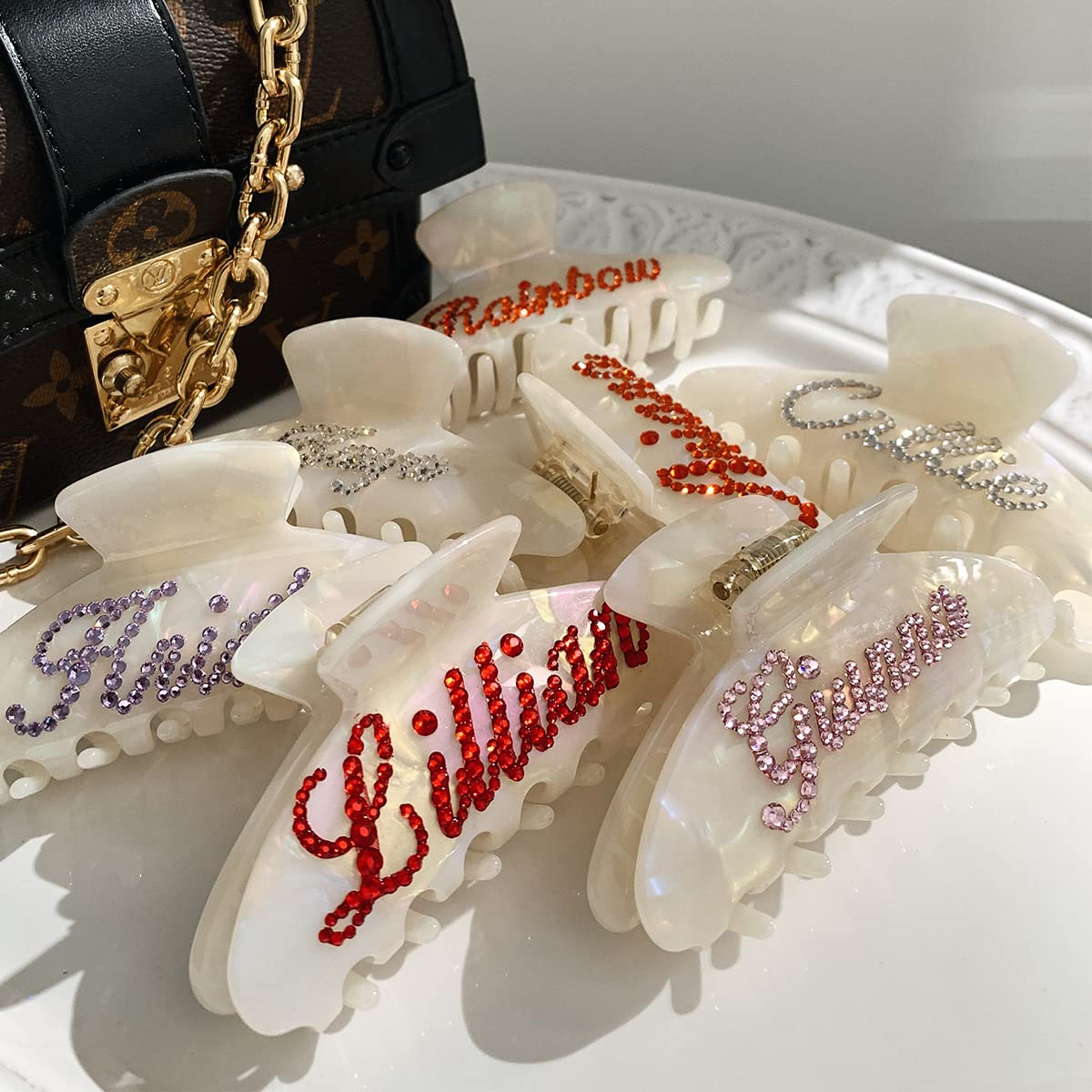Personalized Rhinestone Name Hair Claw Clips for Women - 4 Inch Banana Jaw Clips for Thick & Thin Hair (Shell White) | Wedding, Party, Beach & Everyday Hair Accessories