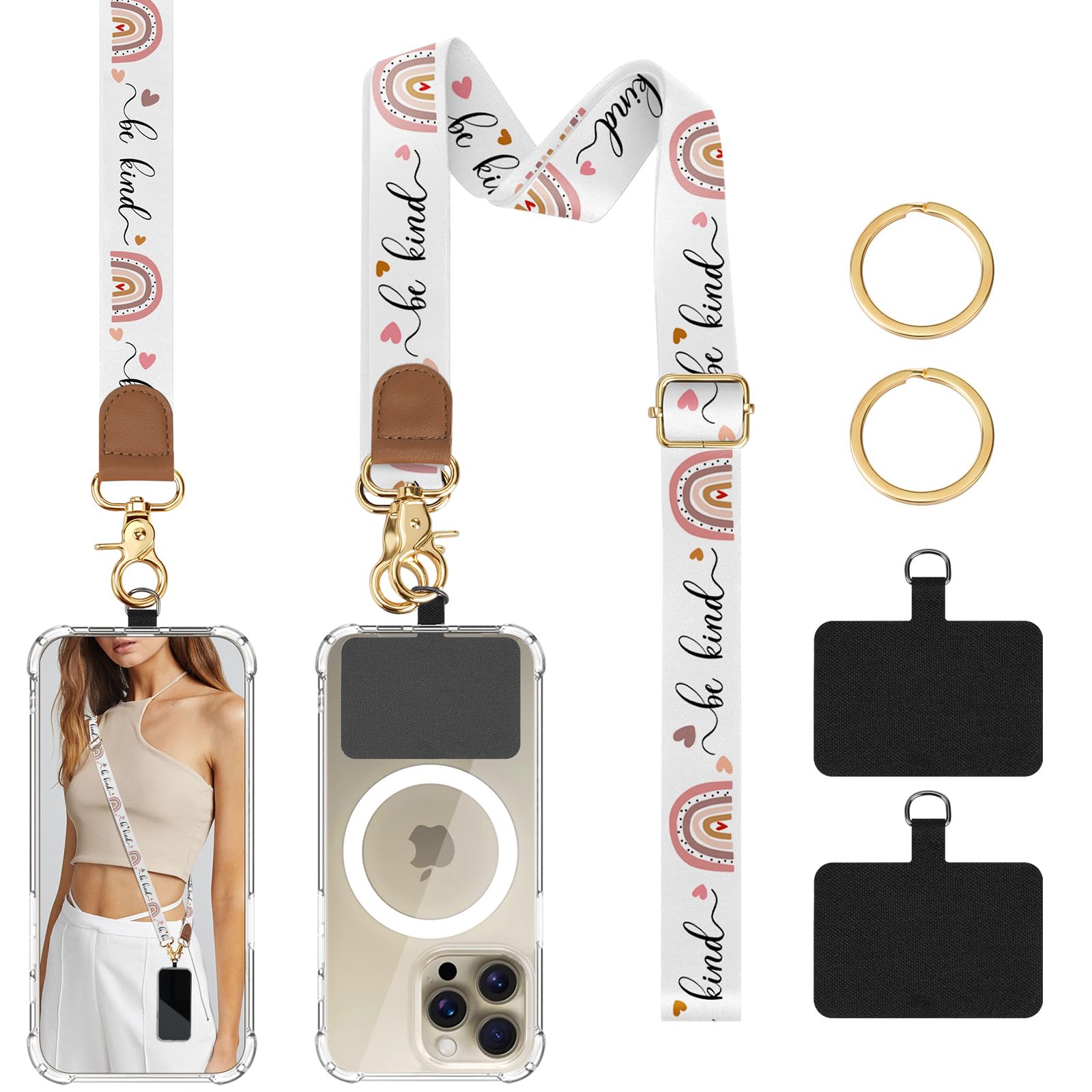 TiMOVO Adjustable Anti-Theft Phone Lanyard - Universal Crossbody Wrist Strap for All Phone Cases (Be Kind+Rainbow Design) - Perfect for Travel, Shopping, Concerts & Outdoor Activities