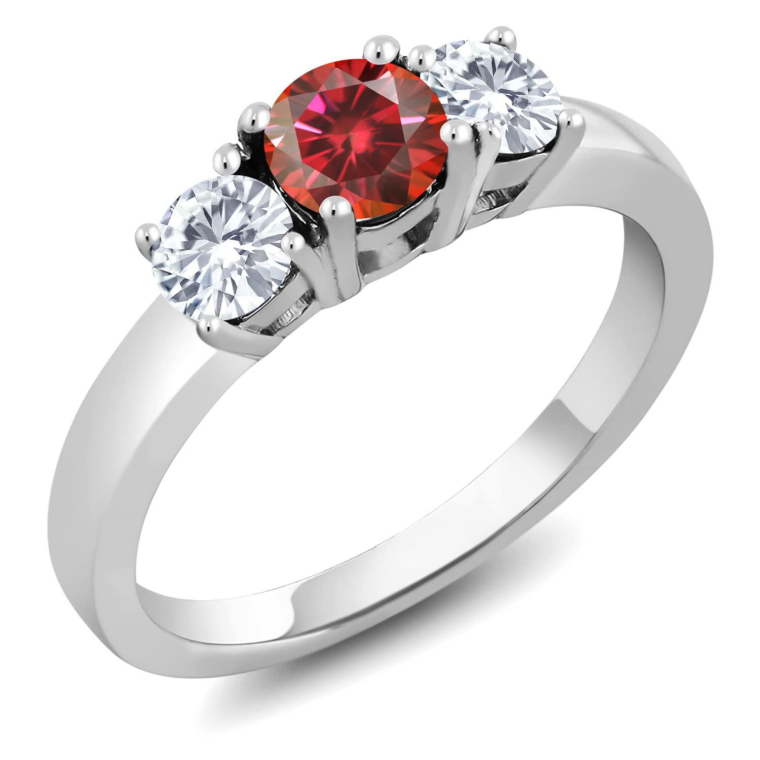 Gem Stone King 925 Sterling Silver 3-Stone Ring Set with Red & GH Moissanite (0.96cttw) - Elegant Jewelry for Weddings, Anniversaries & Special Occasions