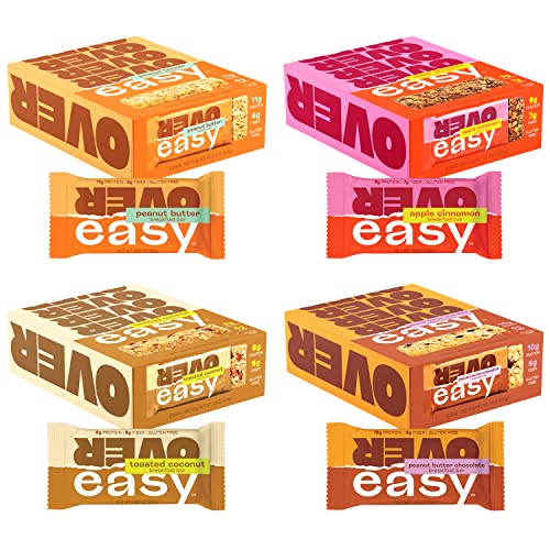OVER EASY 4x12 Pack All Natural Protein Bars - Peanut Butter, Apple Cinnamon, Toasted Coconut & Dark Chocolate Flavors | Gluten Free, Dairy Free, Soy Free | Healthy Breakfast, Snack & On-The-Go Energy Bars