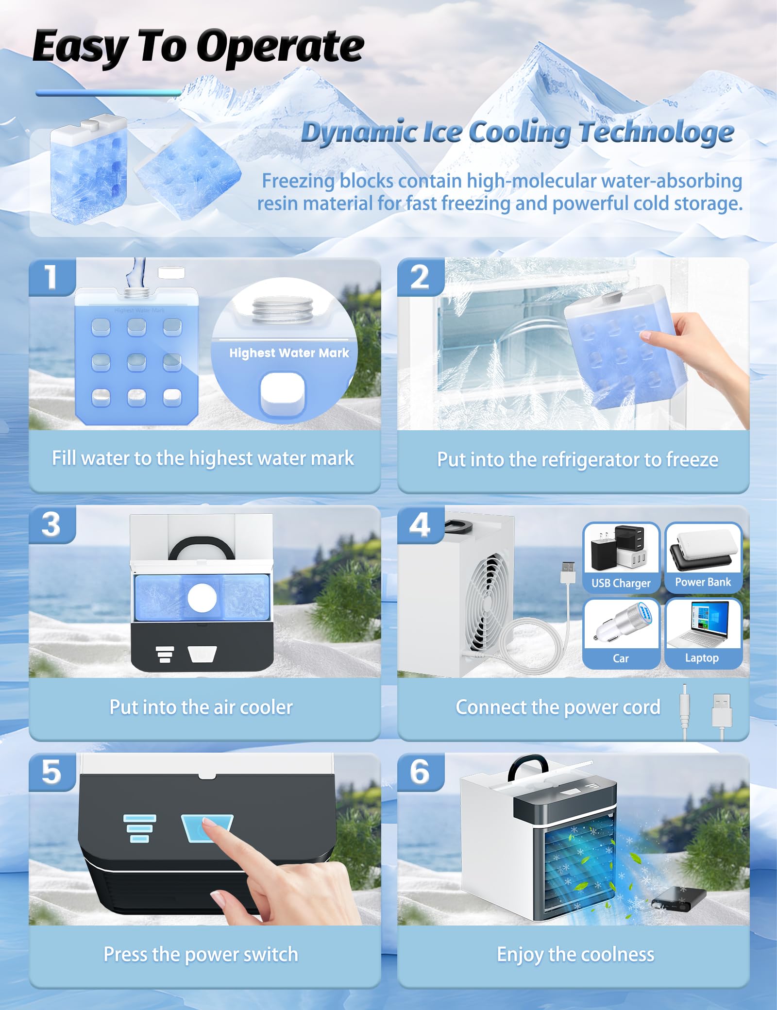 Portable Air Conditioner - Mini Personal Ice Fan with 3 Speed Settings, Small Anti-Leak Water Cooling Air Cooler for Room, Bedroom, Office, Home & Tent (F-03) | Perfect for Summer, Camping & Hot Weather Relief