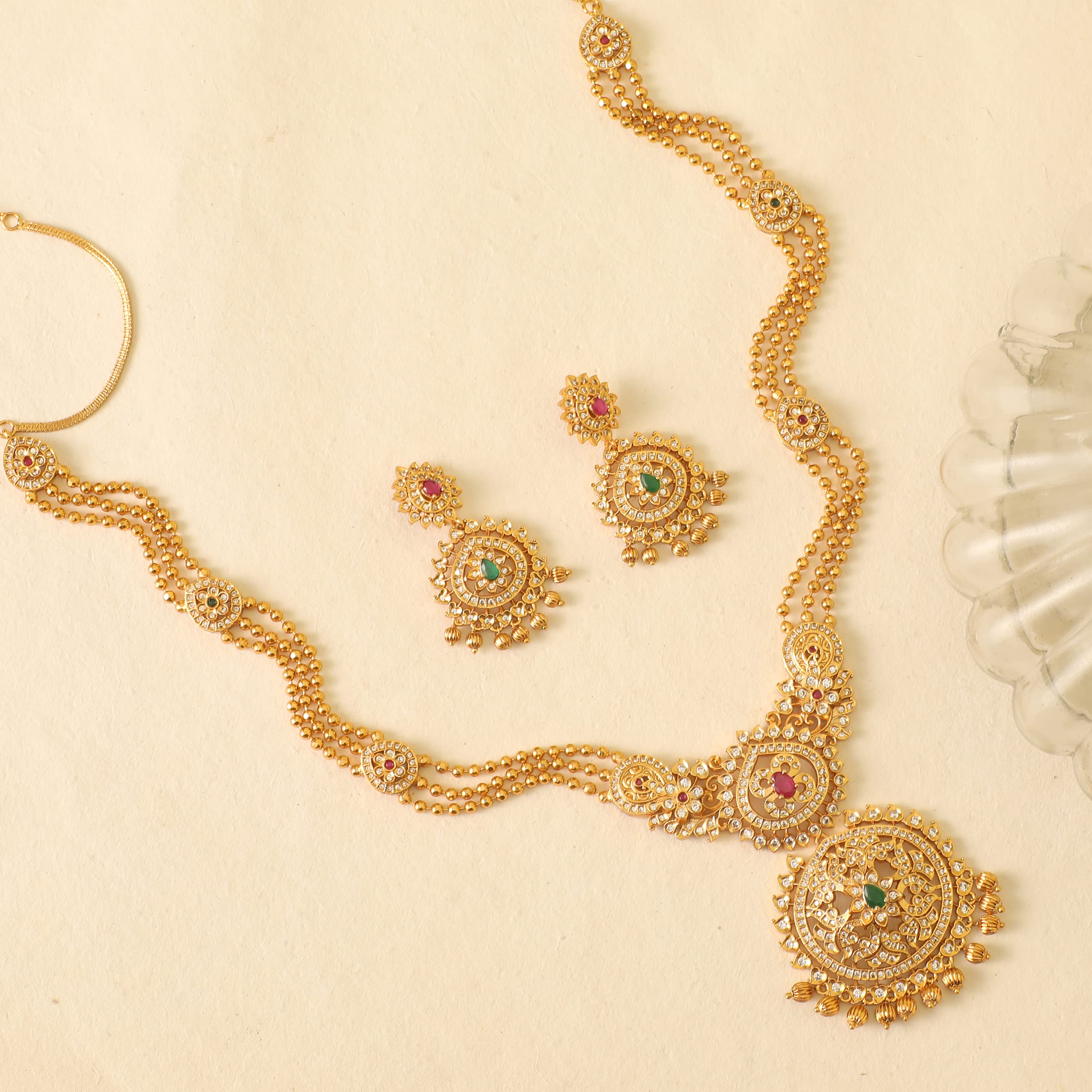 Antique Gold Plated Binal Long Necklace Set with Floral Design - Traditional South Indian Jewelry for Women | Ethnic Bridal Necklace for Weddings, Festivals & Special Occasions | 1 Year Warranty | Perfect Gift for Diwali, Engagement & Cultural Events