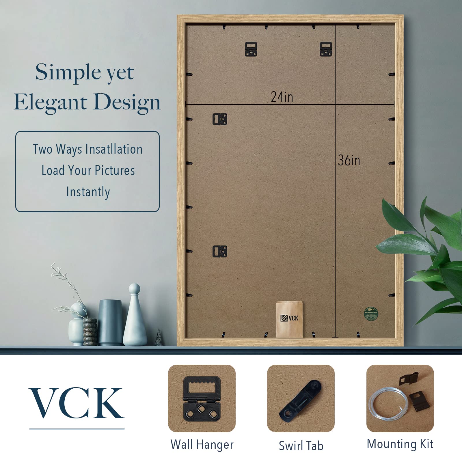 VCK 24x36 Poster Frame Set of 3 - Solid Oak Wood Picture Frames with Shatterproof Glass, Wall Art Gallery Display for Living Room, Bedroom & Office Decor