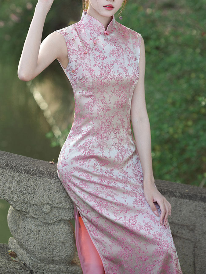 Elegant Pink Jacquard Floral Sleeveless Long Qipao Dress for Women | Traditional Chinese Cheongsam | Perfect for Weddings, Parties & Special Occasions