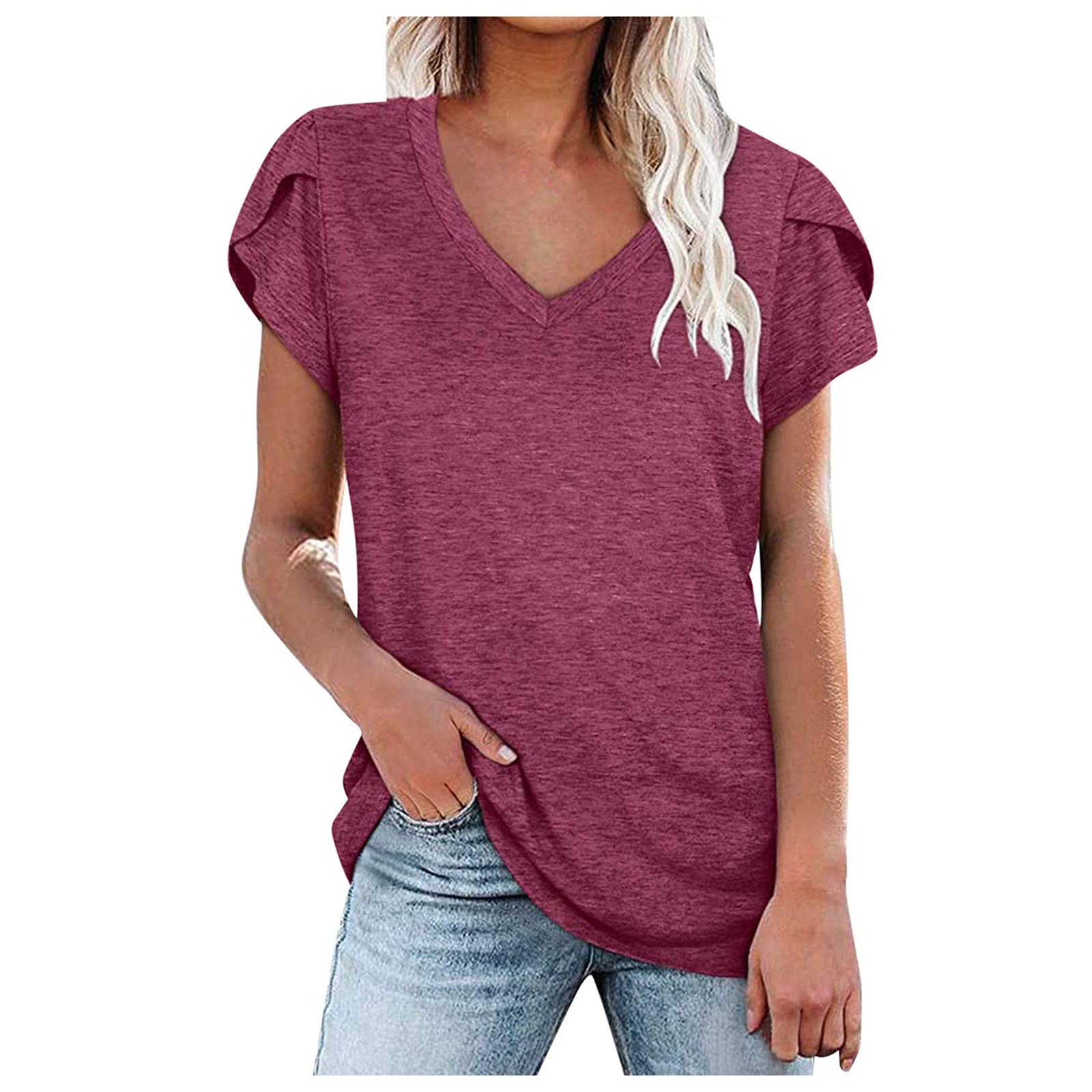 Women's Plus Size Summer Casual Tops - Short Sleeve V-Neck Loose Tee with Petal Sleeves | Dressy Casual T-Shirts for Work, Weekend & Summer Outings