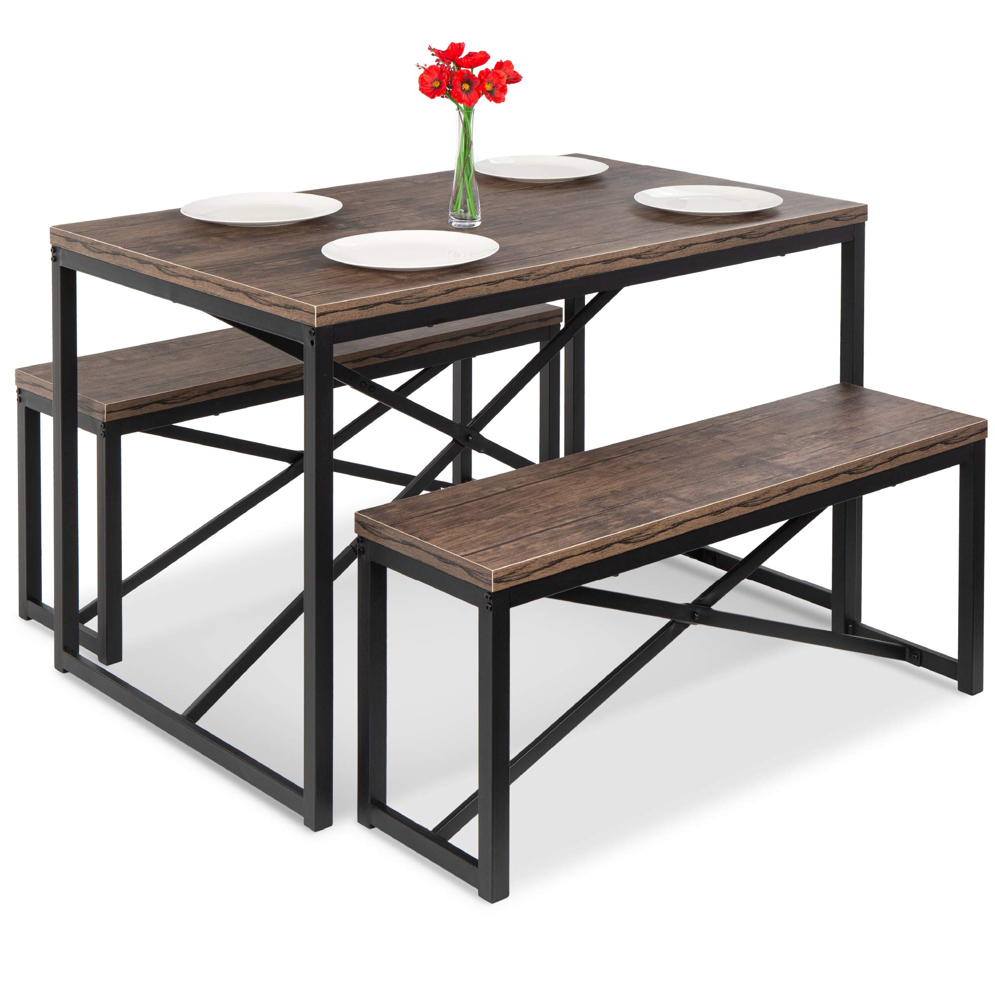 Best Choice Products 45.5in 3-Piece Space Saving Dining Table Set with 2 Benches - Brown/Black Kitchen Dinette for Small Spaces, Perfect for Apartments, Breakfast Nooks & Compact Dining Rooms