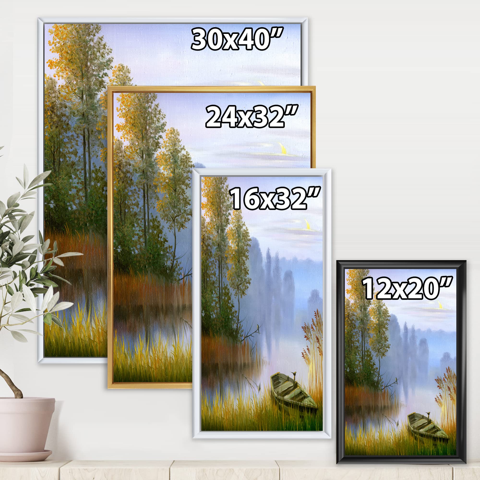 Traditional Framed Canvas Wall Art Print - Lakeside Boat Landscape Painting for Living Room, Bedroom & Office Decor