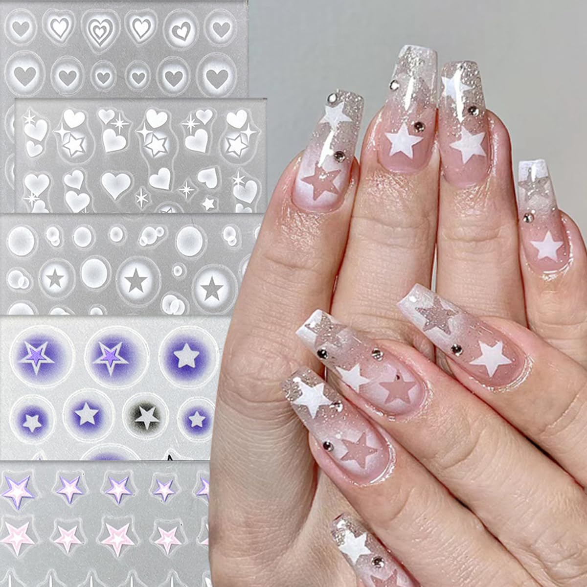6 Sheets Heart Star Nail Art Stickers - Self-Adhesive 3D Translucent Nail Decals with Hollow Love Design for French Manicure, Airbrush Nails, DIY Crafts - Perfect for Salon, Home Nail Art & Gift Giving