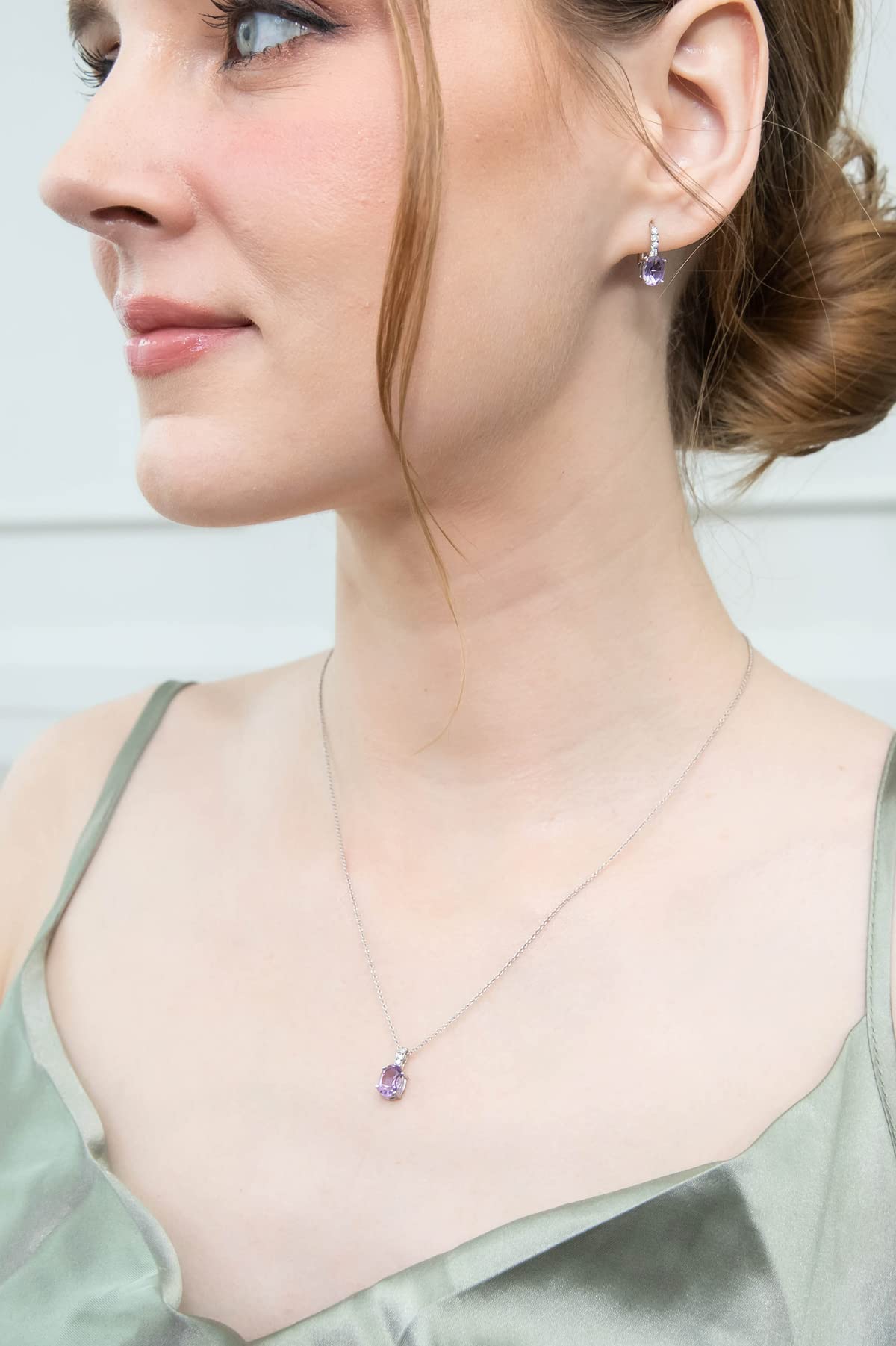 Elegant Sterling Silver Jewelry Set for Women - Oval Dainty Necklace & Drop Earrings with Genuine Synthetic Birthstone | Perfect Gift for Birthday, Anniversary & Special Occasions | Trendy Pendant Necklace & Huggie Earrings Set for Everyday Wear or Formal Events
