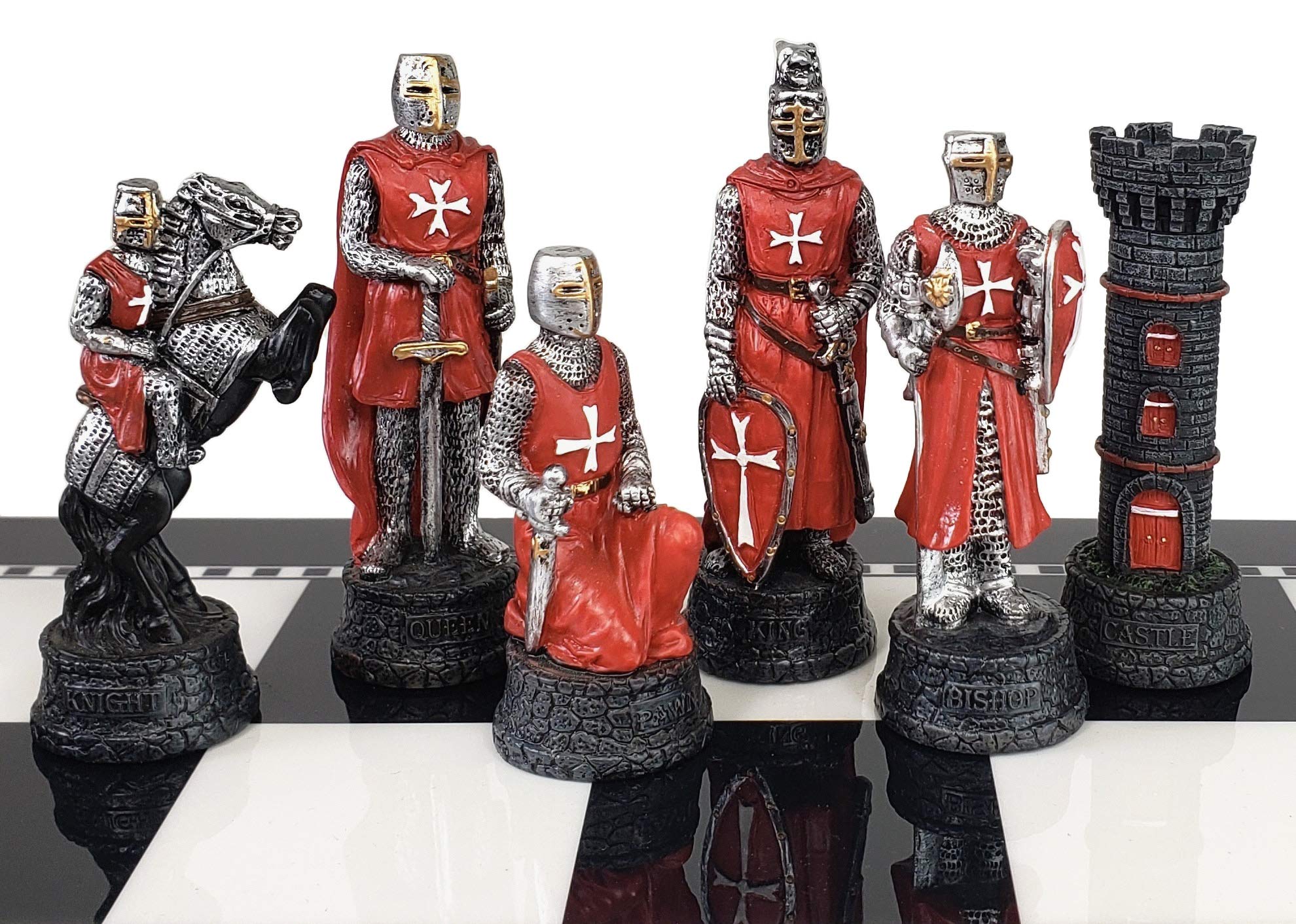 Medieval Crusades Red & Blue Maltese Knights Chess Set - 17 Inch Black & White Storage Board - Perfect for Collectors & Historical Game Enthusiasts
