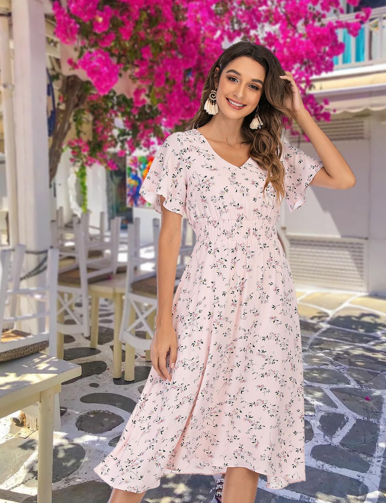 Gardenwed Women's Floral Chiffon Summer Dress - Elastic Waist Sun & Beach Dress for Outdoor Parties, Vacations & Casual Wear