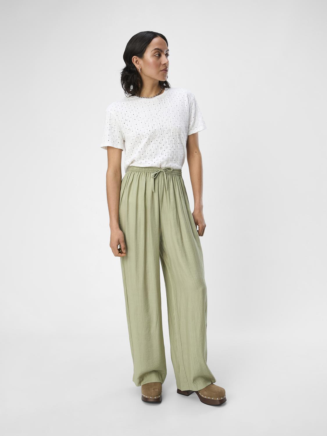 Catja Wide Leg Pants for Women - High Waisted Flowy Lounge Pants in Tea Green | Comfortable Casual Wear for Home, Office & Travel