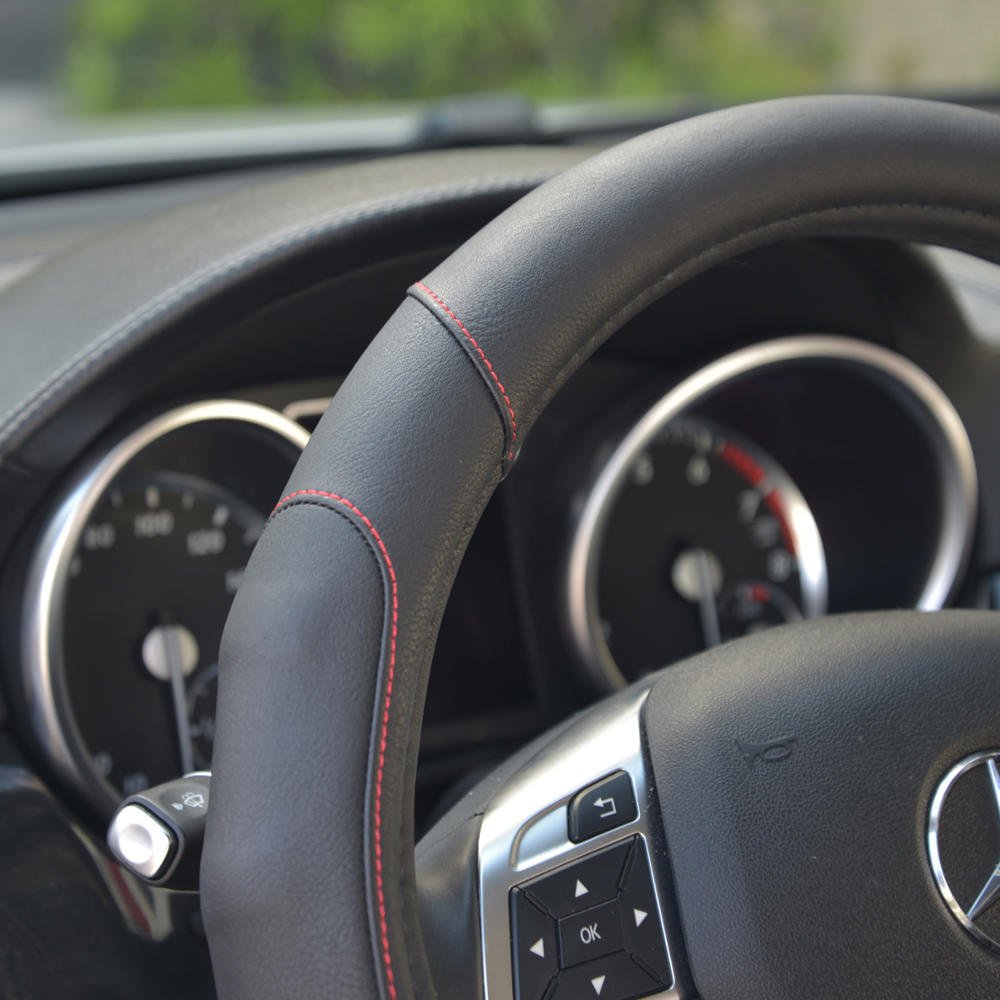 Waterproof Car Seat Covers & GripDrive Synthetic Leather Steering Wheel Cover Set - Black & Red (Basic Pack) | Universal Fit for Cars, SUVs & Trucks | Protects Seats from Spills, Pets & Wear