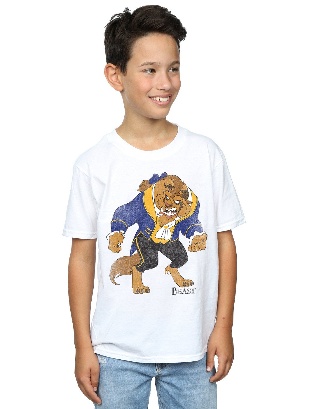 Disney Beauty and The Beast Classic Beast Boys T-Shirt for Kids 7-8 Years - White Cotton Tee for School, Playdates & Disney Theme Parties