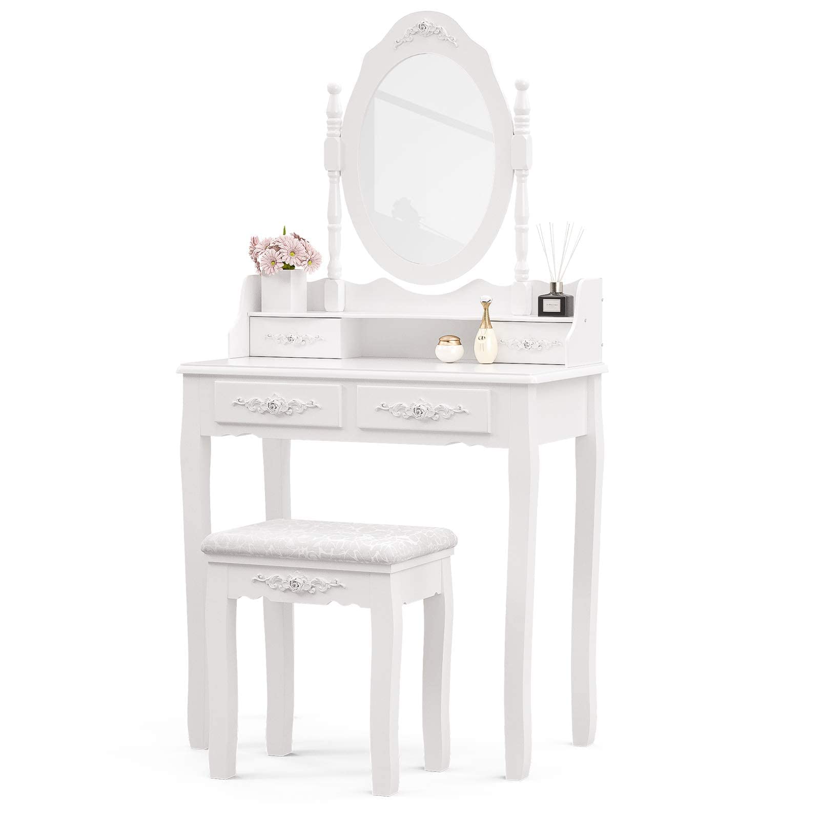 Alohappy Vanity Set with Mirror & Stool - 4 Drawer Wood Dressing Table for Bedroom Makeup
