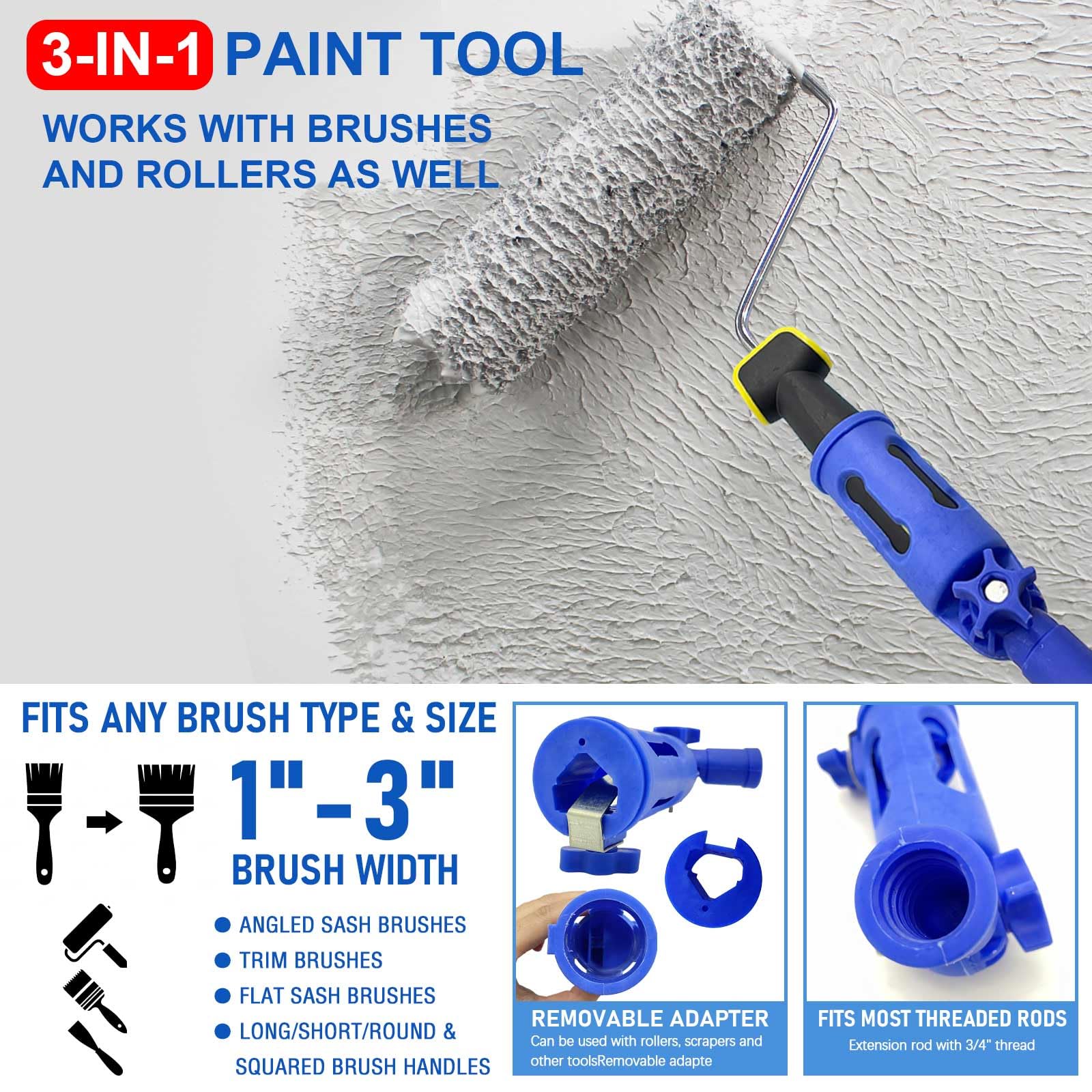 Multi-Angle Paint Brush Extender with Rotating Head - Extension Pole Attachment for Paint Brushes & Rollers - Perfect for High Ceilings, Corners, Edges - Ideal for Home Painting, Wall Repair & DIY Projects