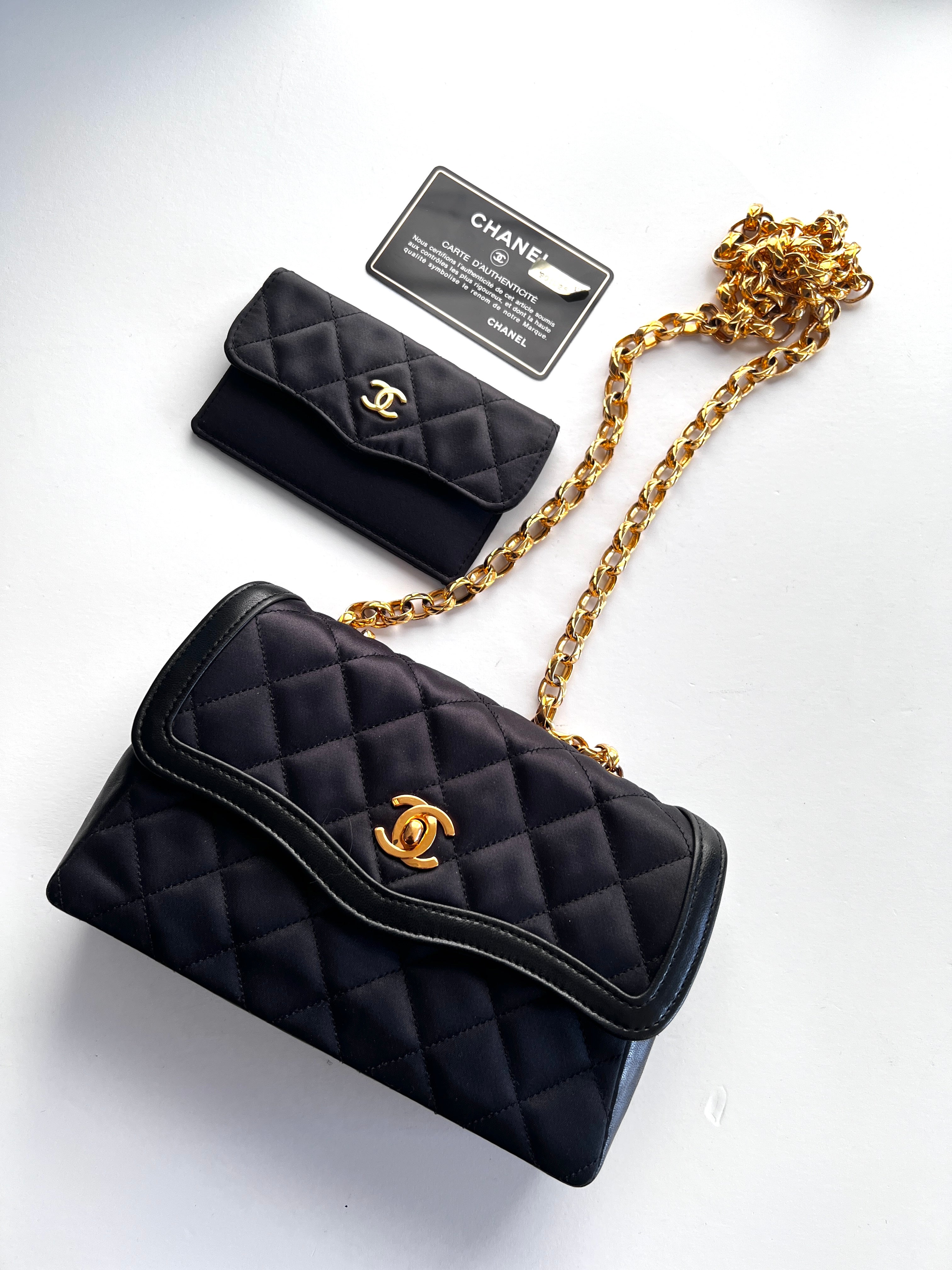 Vintage Chanel Satin & Leather Flap Bag with Card Holder - Luxury Designer Crossbody Purse for Women, Perfect for Evening Parties & Special Occasions