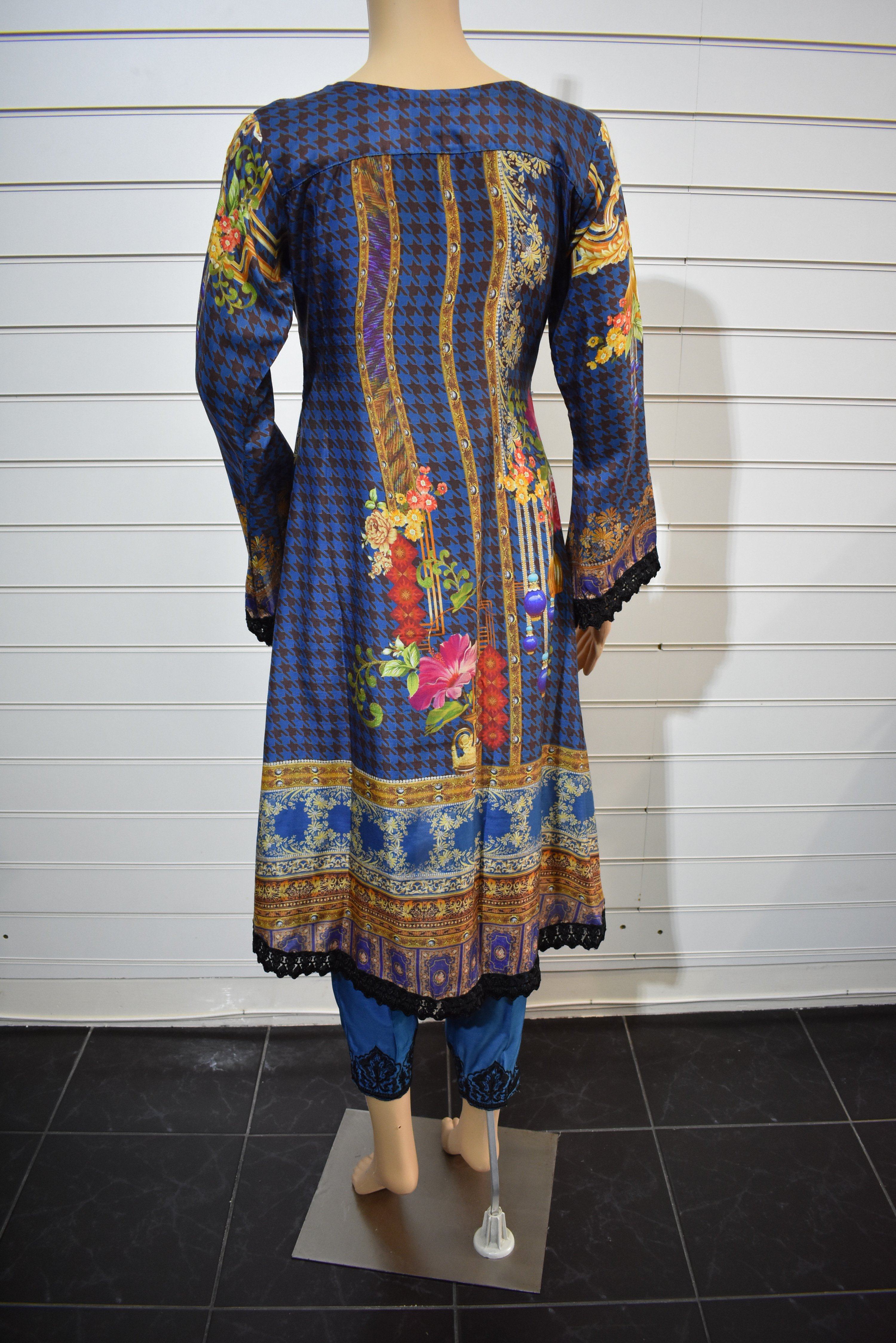 Elegant Blue Silk Digital Print Dipped Hem Outfit with Fully Embroidered Trousers | Women's Luxury Evening Wear for Parties & Special Occasions