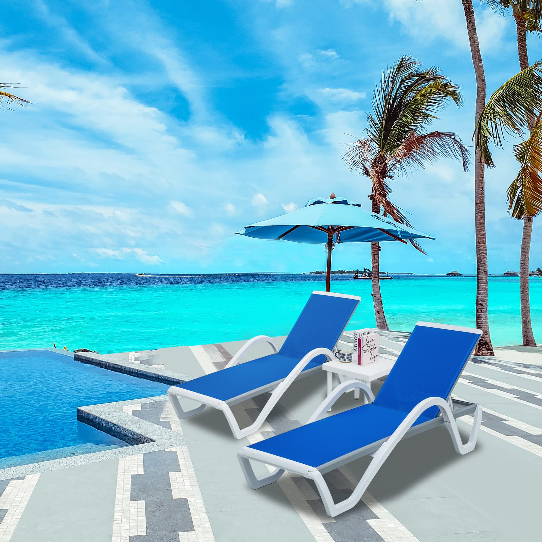 Domi Adjustable Aluminum Pool Lounge Chair - All-Weather Outdoor Chaise Lounge with Armrest for Patio, Poolside, Lawn & In-Pool Use - Includes Side Table (Blue) - Perfect for Sunbathing, Relaxing & Backyard Lounging